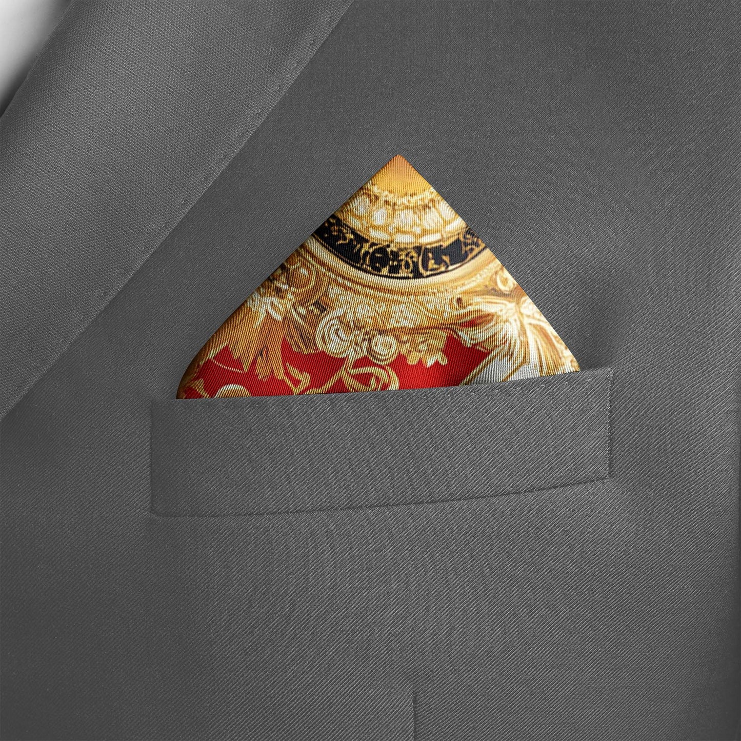 Genuine Silk Gold Baroque with White Roses Pocket Square