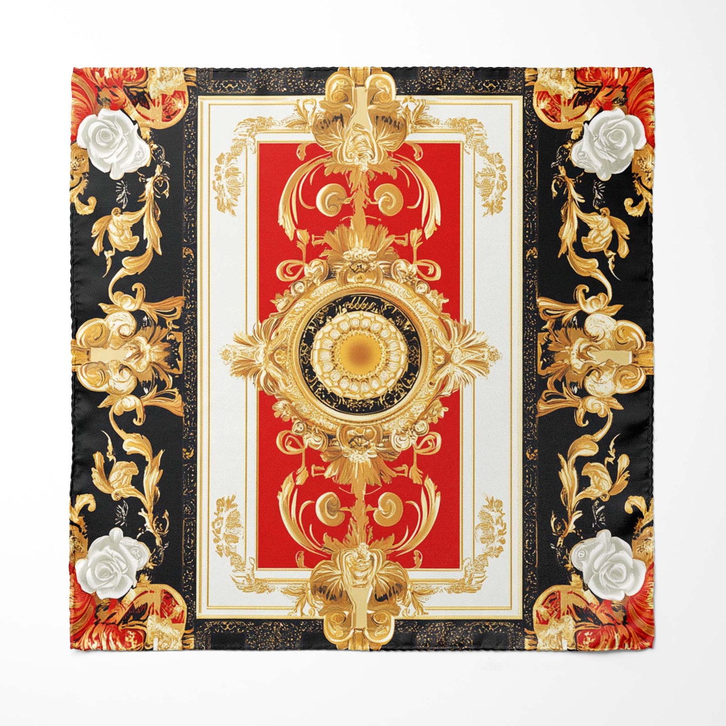 Genuine Silk Gold Baroque with White Roses Pocket Square