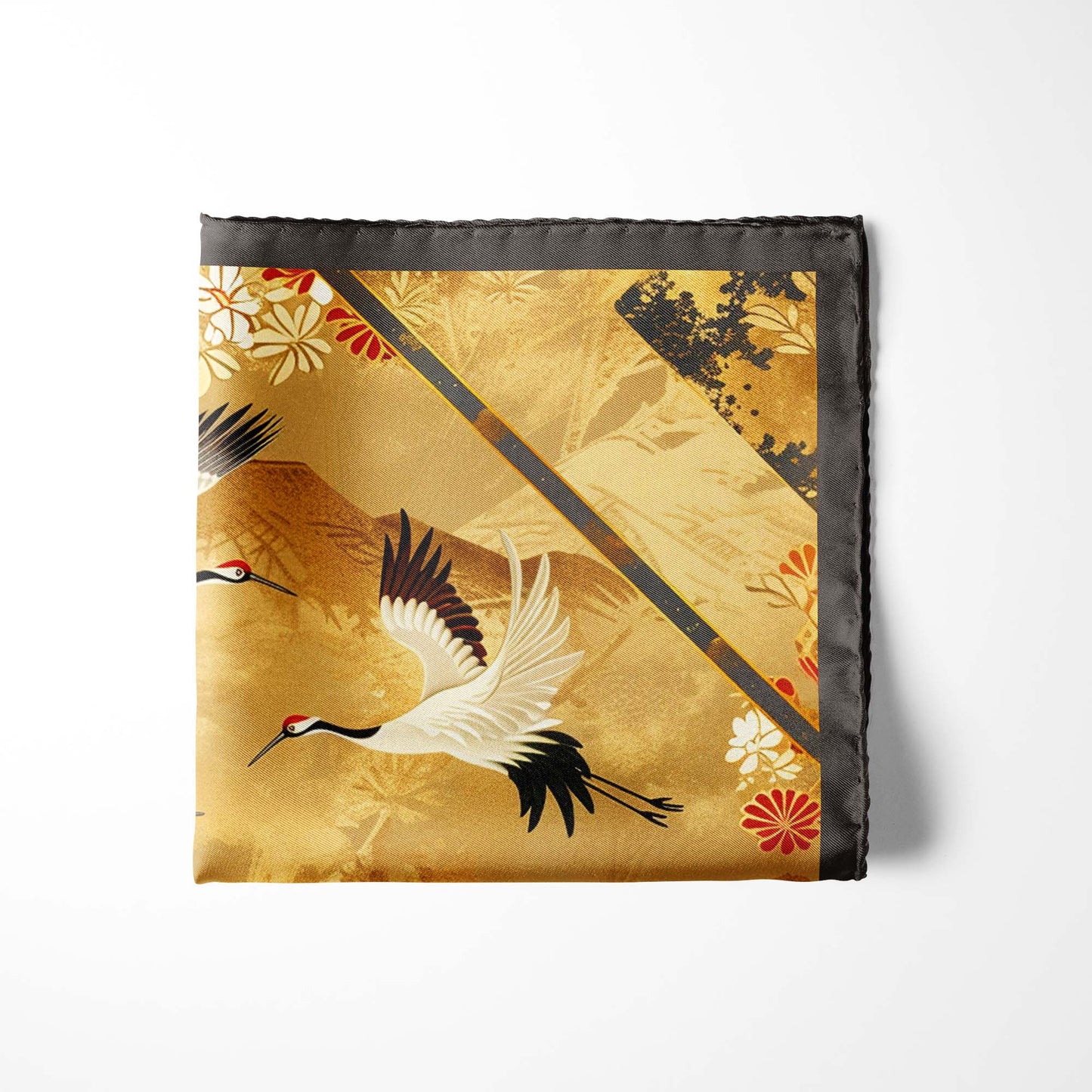 Genuine Silk Gold Floral Cranes Pocket Square