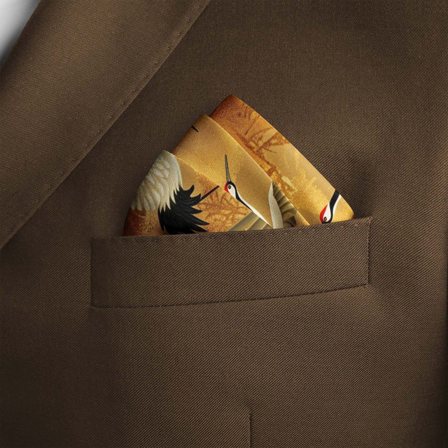 Genuine Silk Gold Floral Cranes Pocket Square