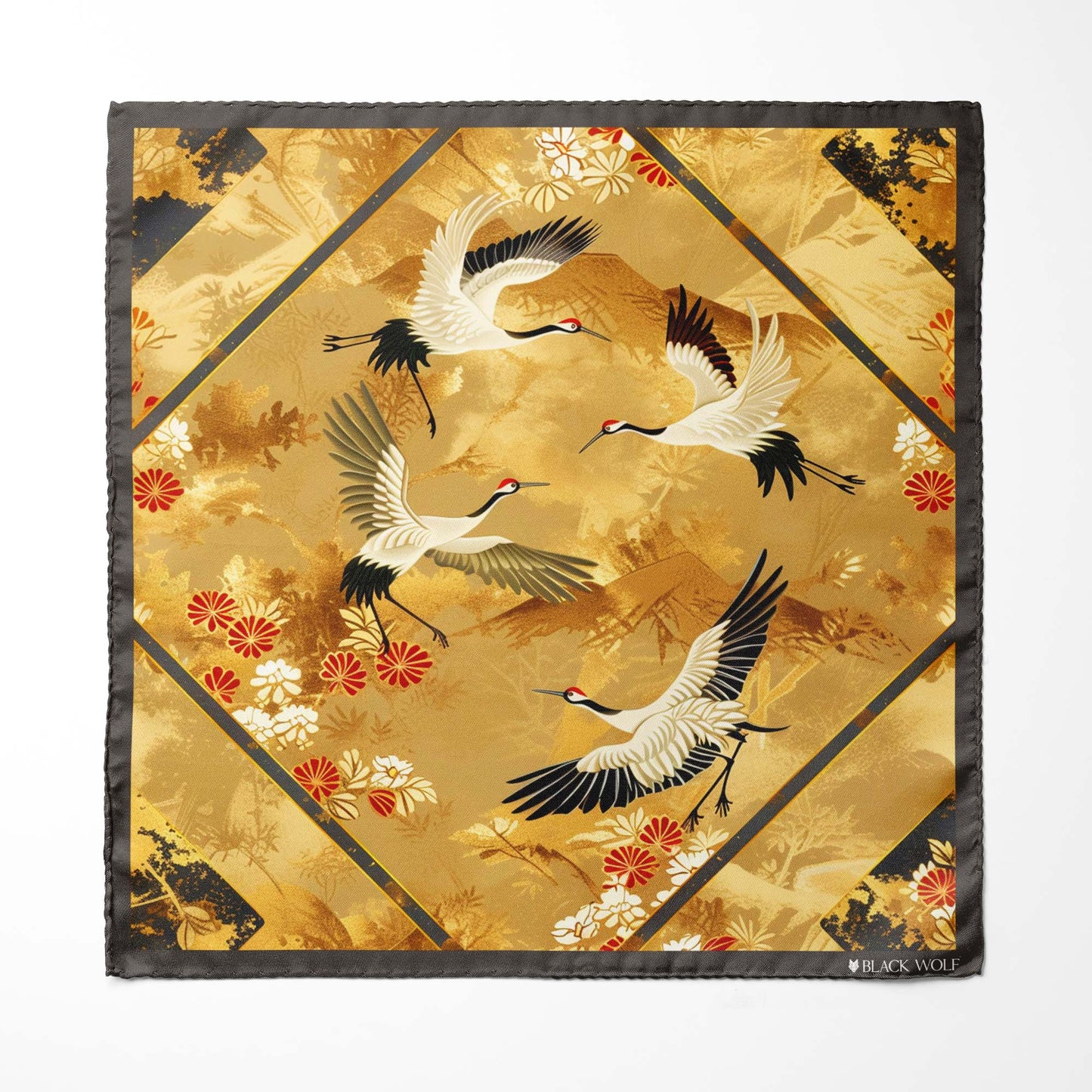 Genuine Silk Gold Floral Cranes Pocket Square