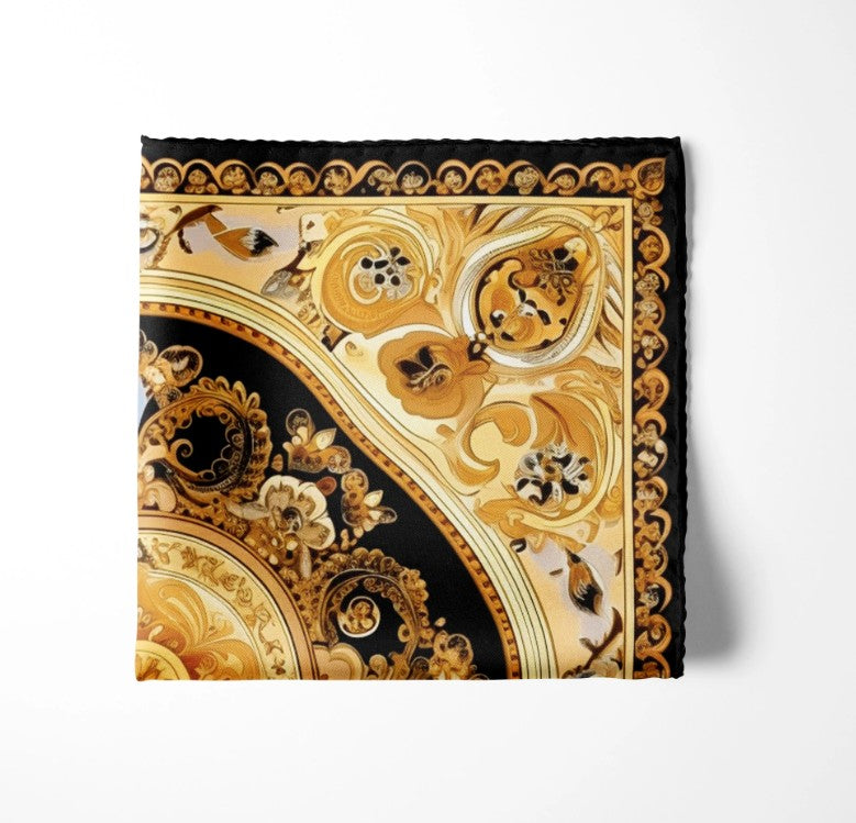 Genuine Silk Gold Rococo Crest Pocket Square