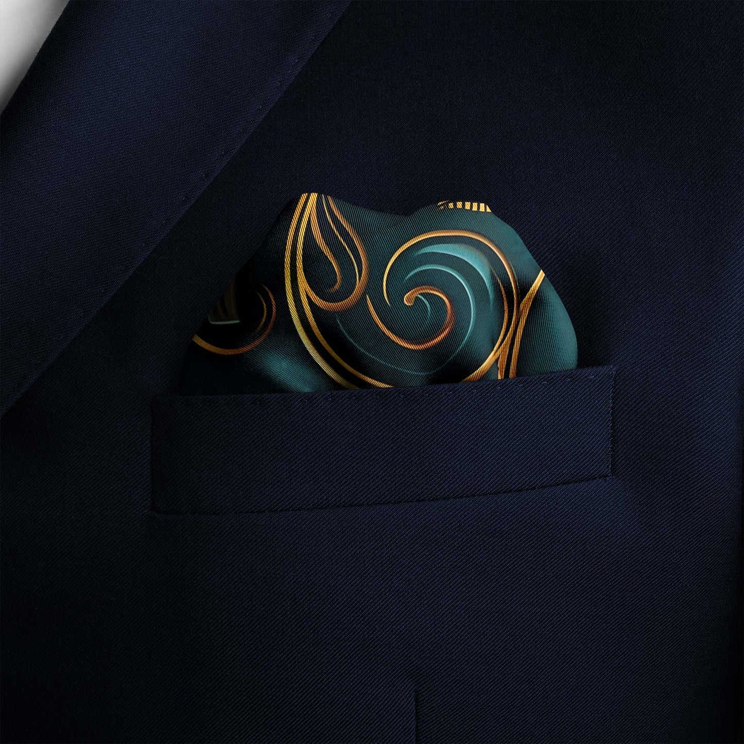 Genuine Silk Green with Gold Swirl Pocket Square