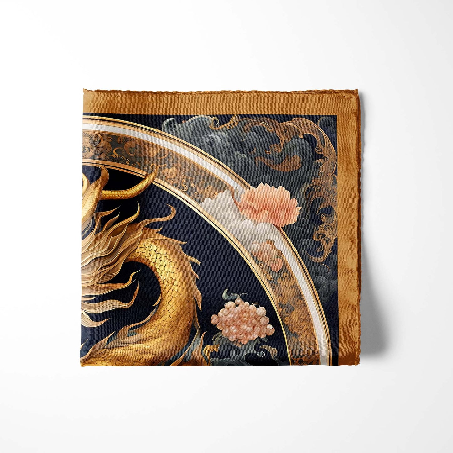 Genuine Silk Imperial Gold Dragon and Peony Bloom Pocket Square