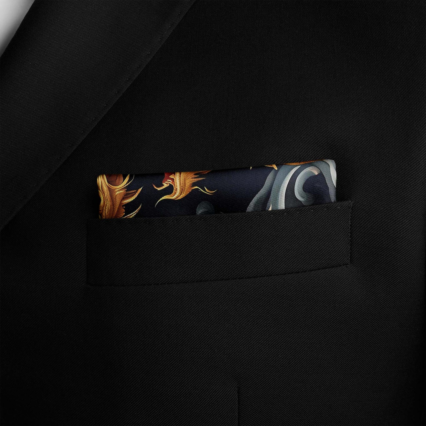 Genuine Silk Imperial Gold Dragon and Peony Bloom Pocket Square