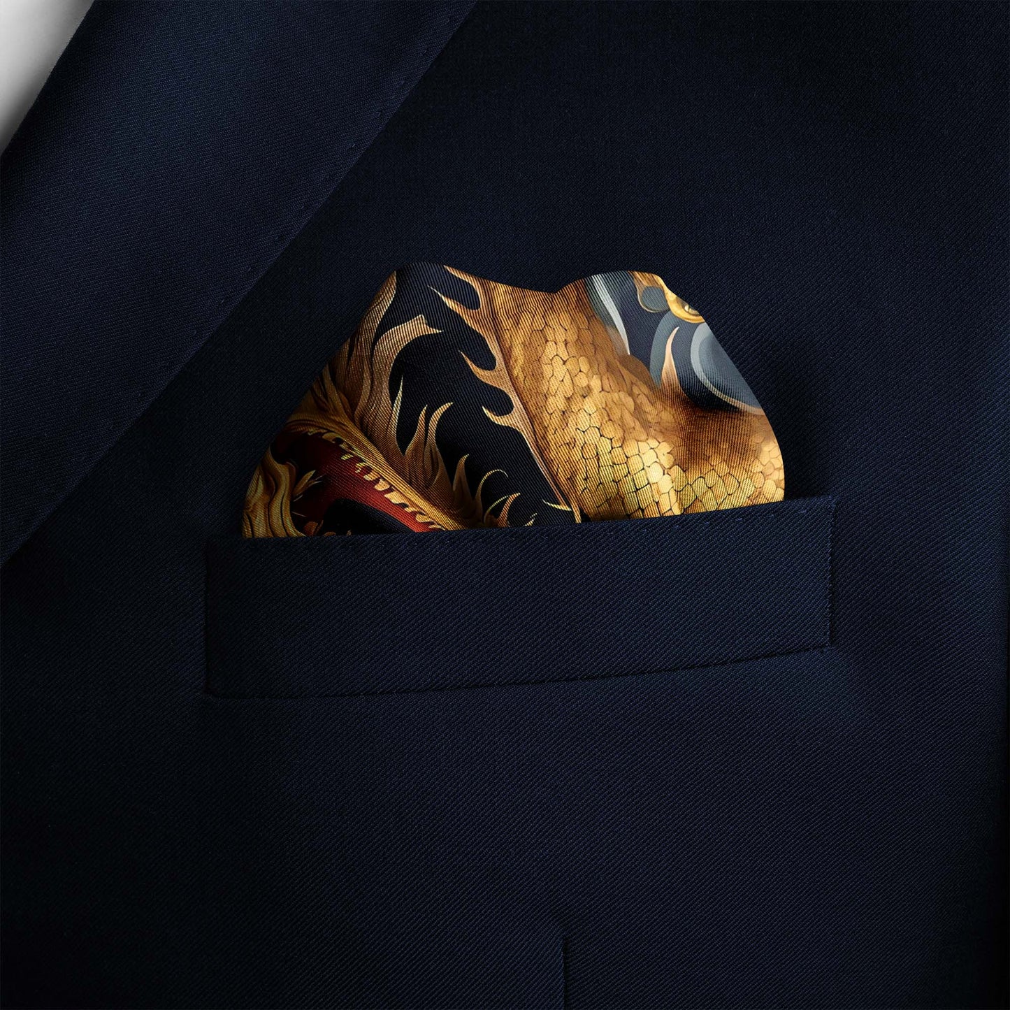 Genuine Silk Imperial Gold Dragon and Peony Bloom Pocket Square