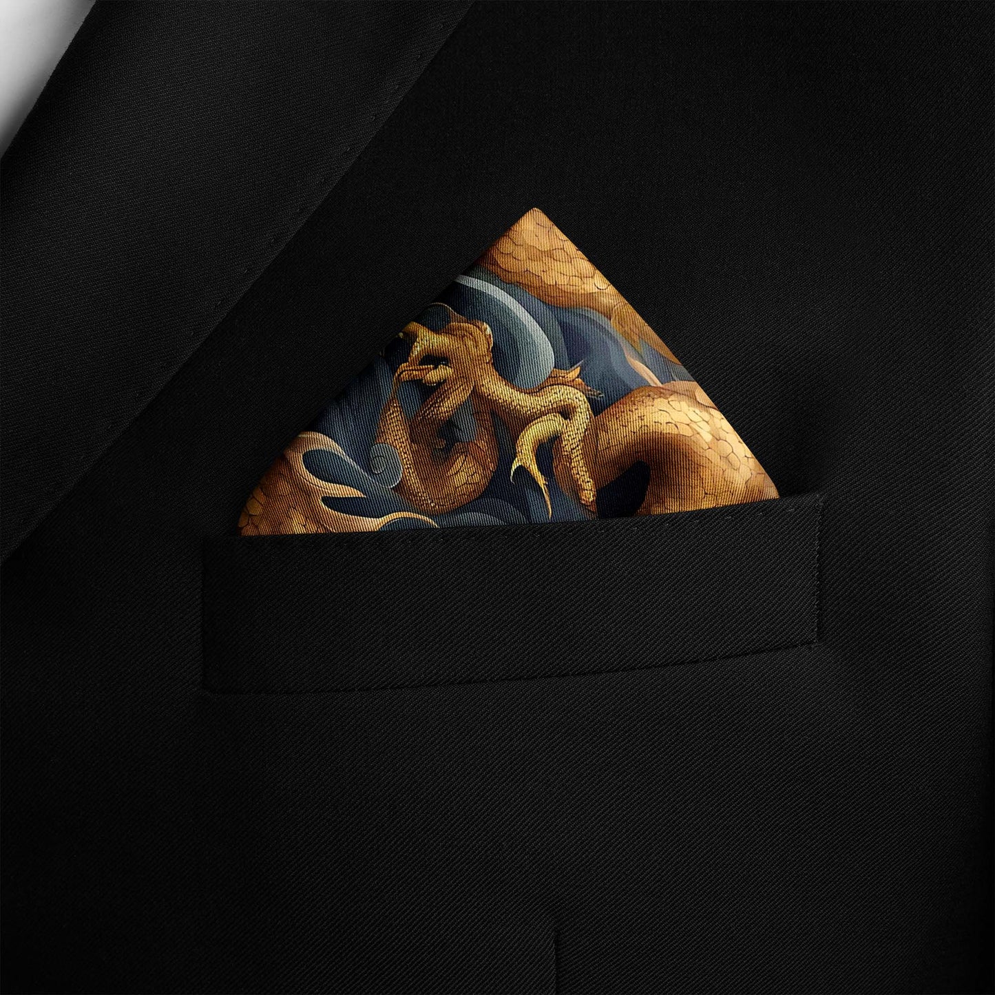Genuine Silk Imperial Gold Dragon and Peony Bloom Pocket Square