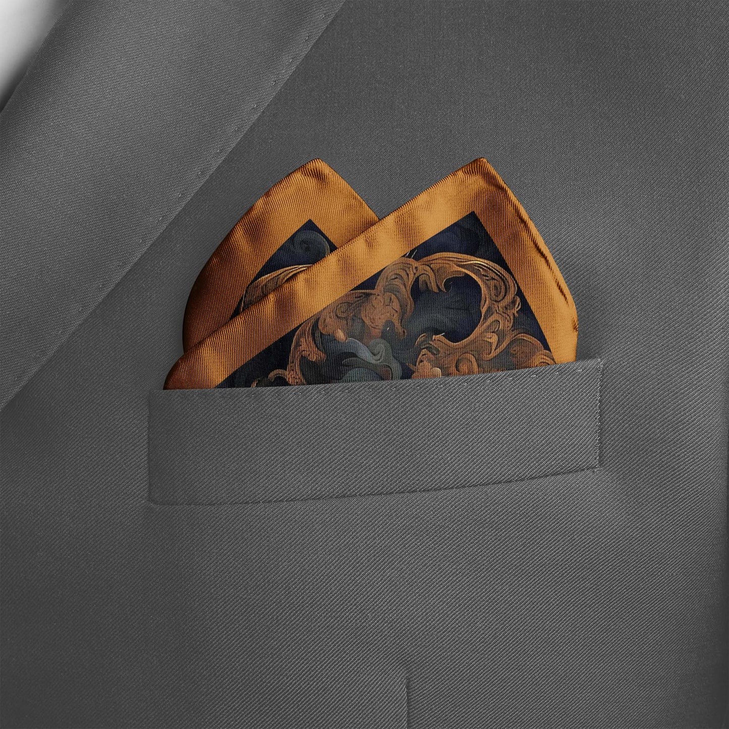 Genuine Silk Imperial Gold Dragon and Peony Bloom Pocket Square