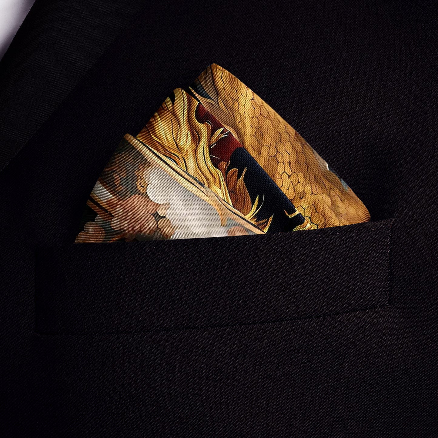 Genuine Silk Imperial Gold Dragon and Peony Bloom Pocket Square