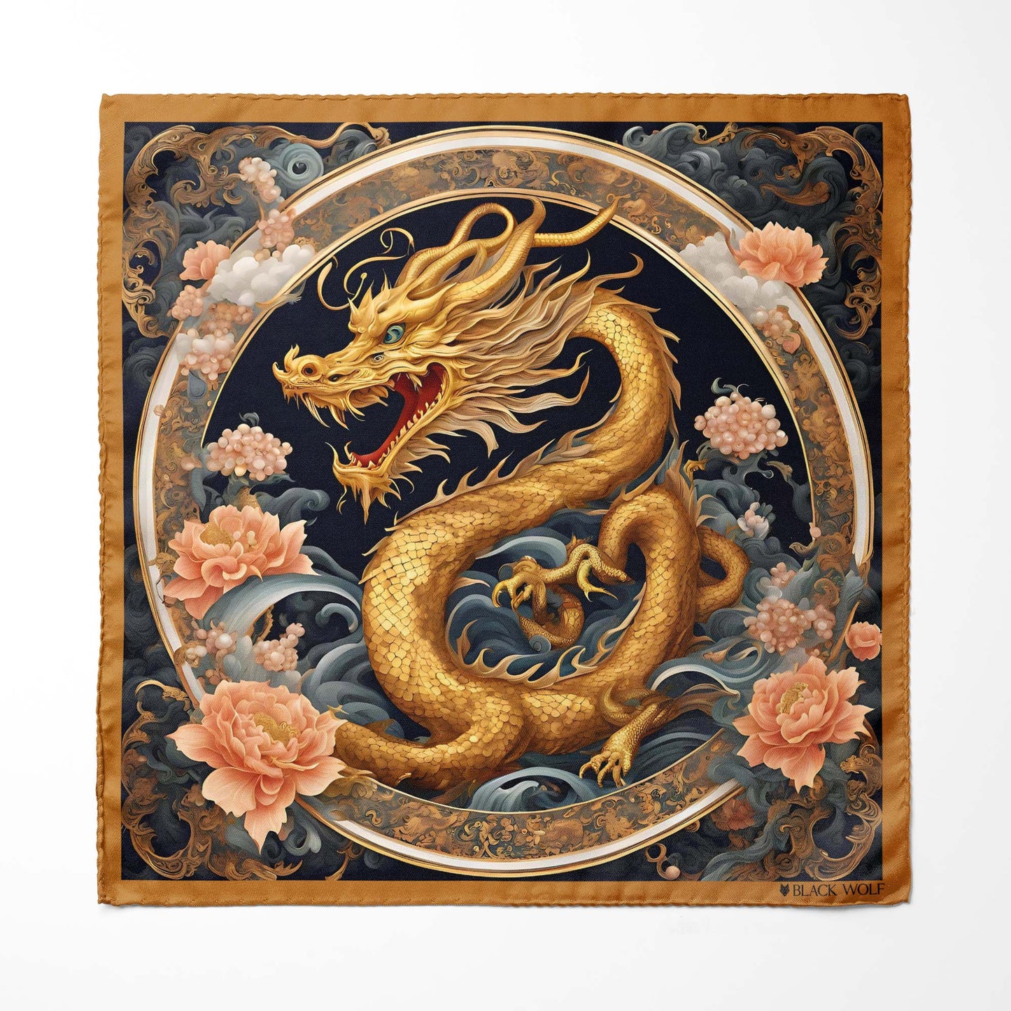 Genuine Silk Imperial Gold Dragon and Peony Bloom Pocket Square