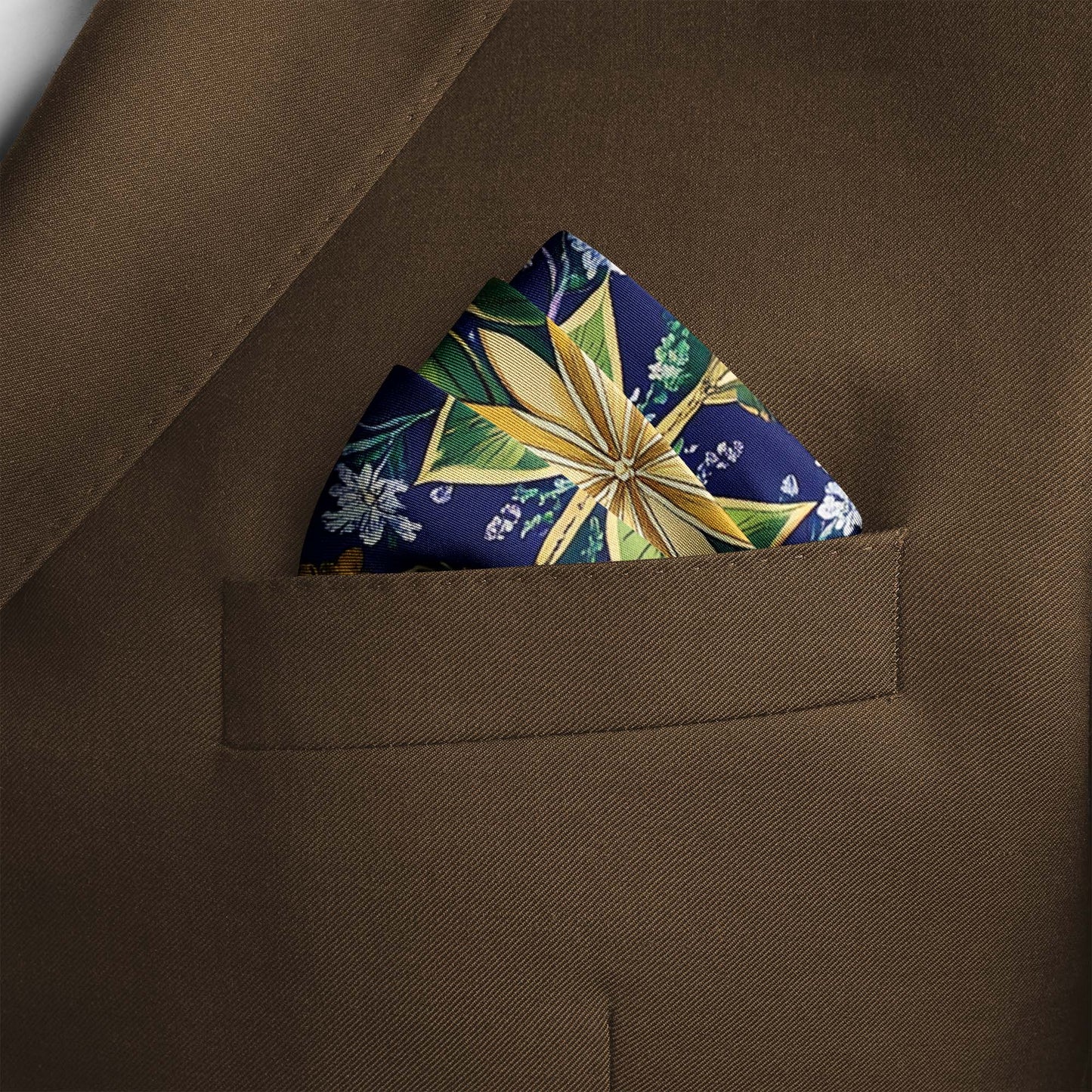 Genuine Silk Indigo Meadow and Golden Petal Pocket Square