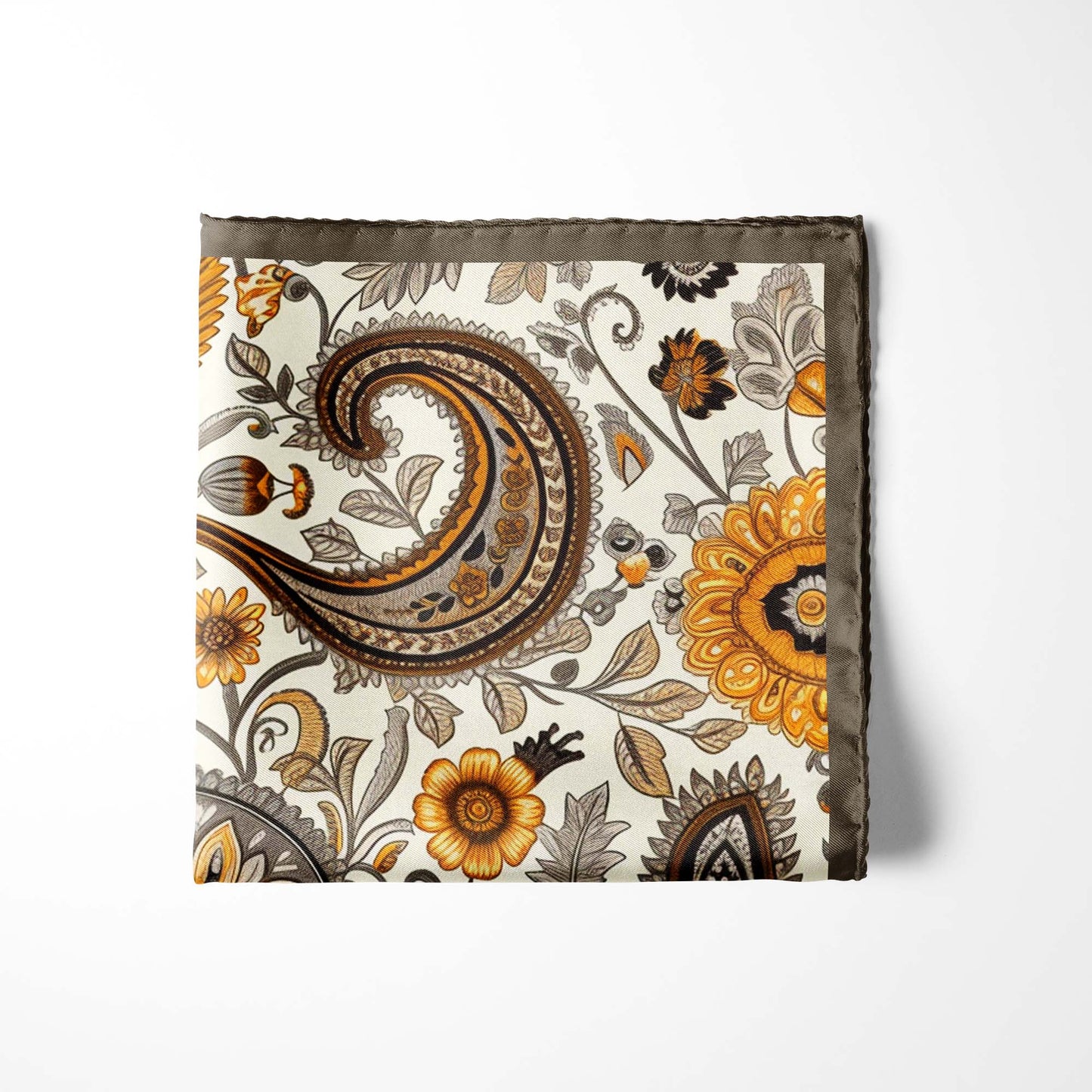 Genuine Silk Ivory and Amber Paisley Garden Pocket Square