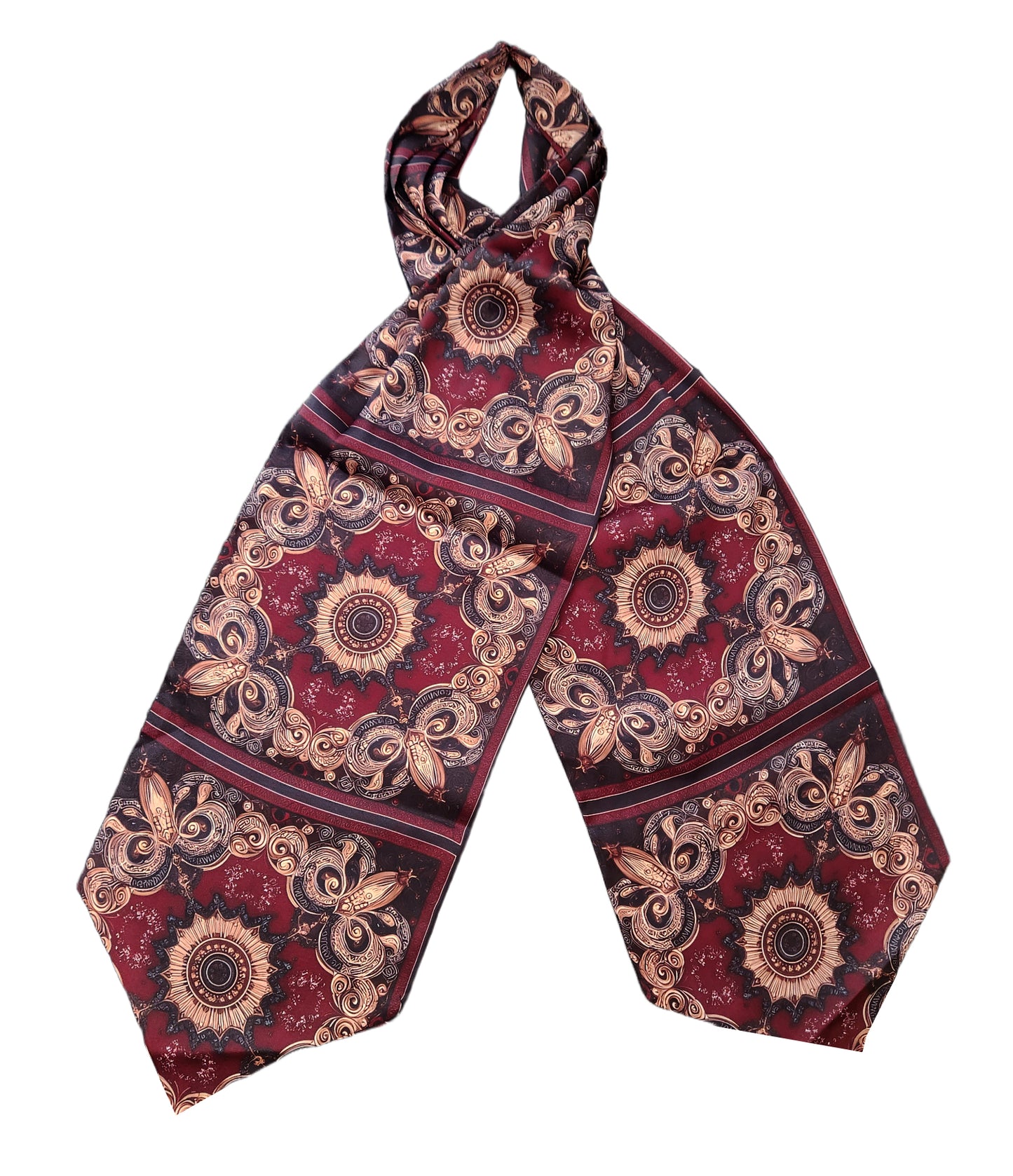 Genuine Silk Maroon with Sunburst Medallion Ascot Cravat
