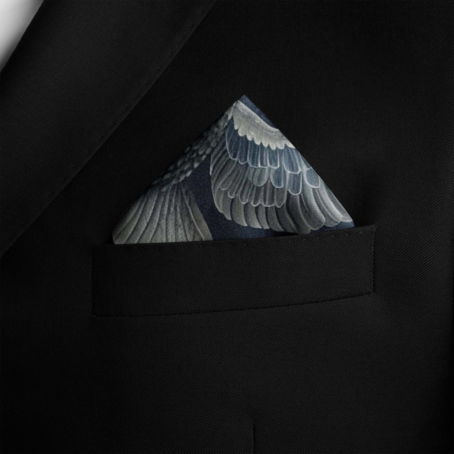 Genuine Silk Midnight Sparrow and Marigold Sky Pocket Square