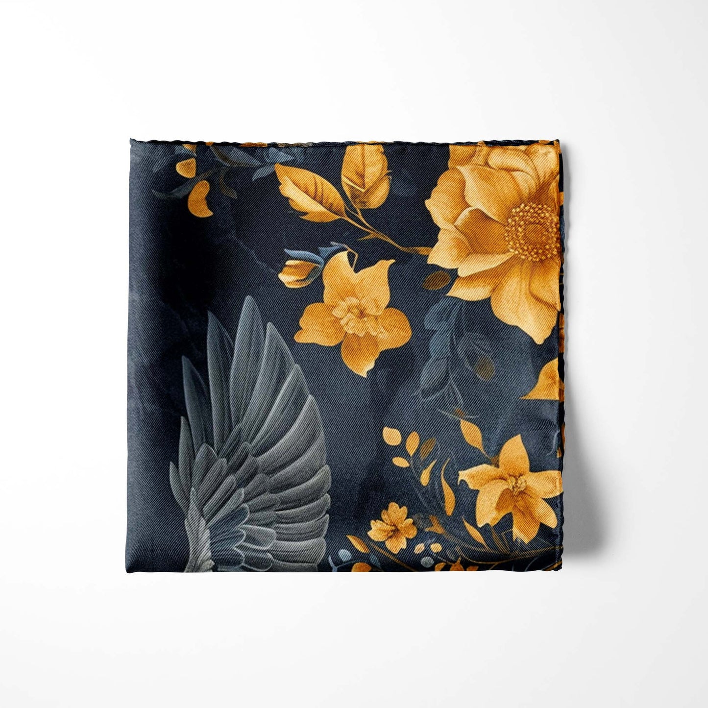 Genuine Silk Midnight Sparrow and Marigold Sky Pocket Square