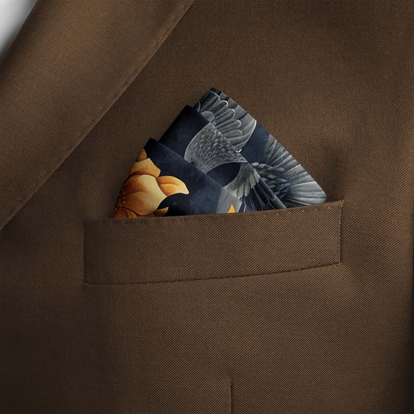 Genuine Silk Midnight Sparrow and Marigold Sky Pocket Square