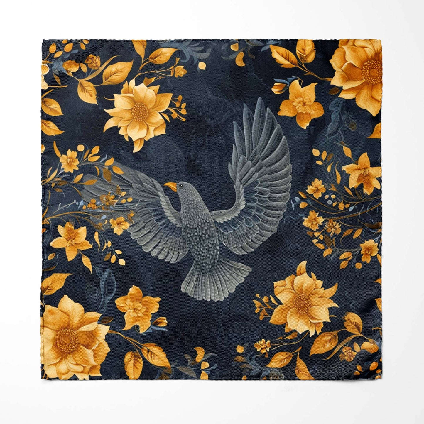 Genuine Silk Midnight Sparrow and Marigold Sky Pocket Square