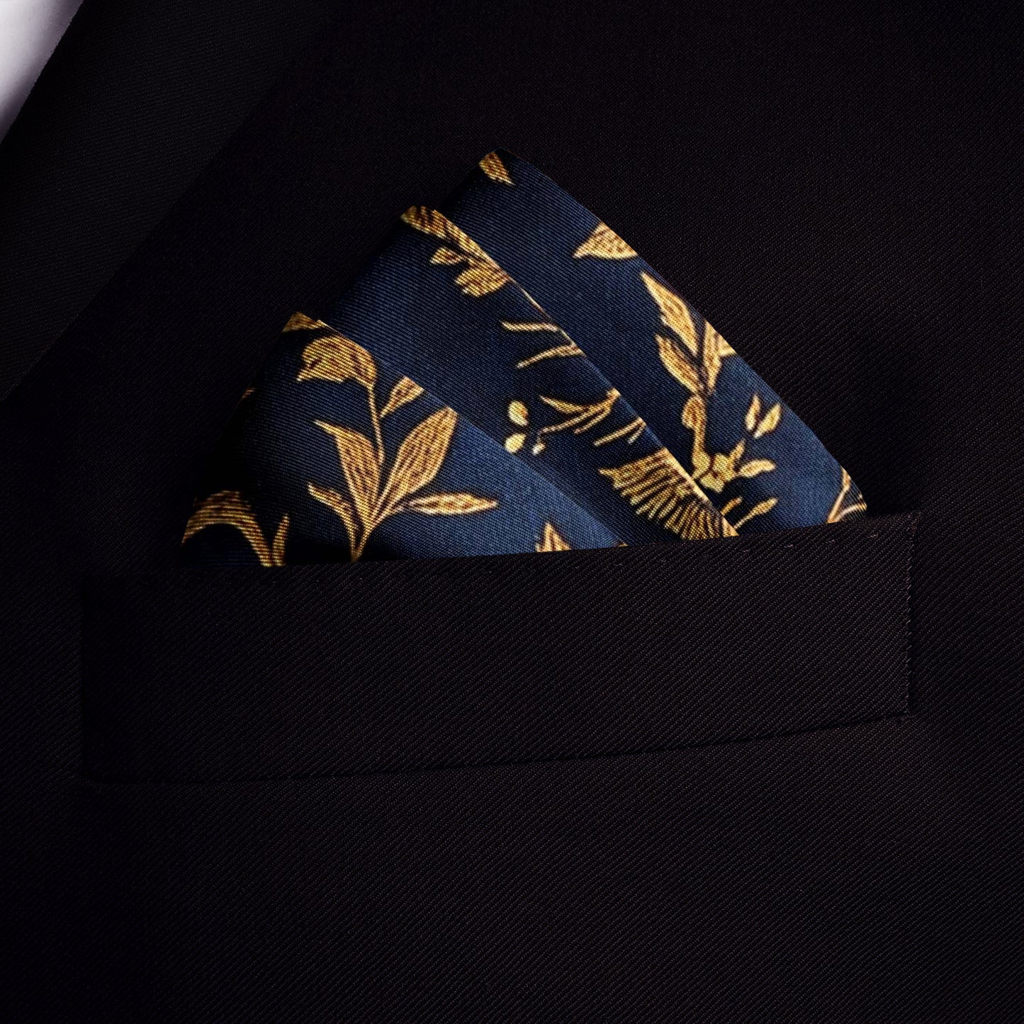 Genuine Silk Midnight and Gold Bird Flight Pocket Square