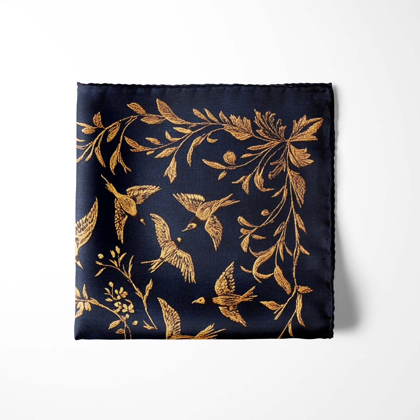 Genuine Silk Midnight and Gold Bird Flight Pocket Square