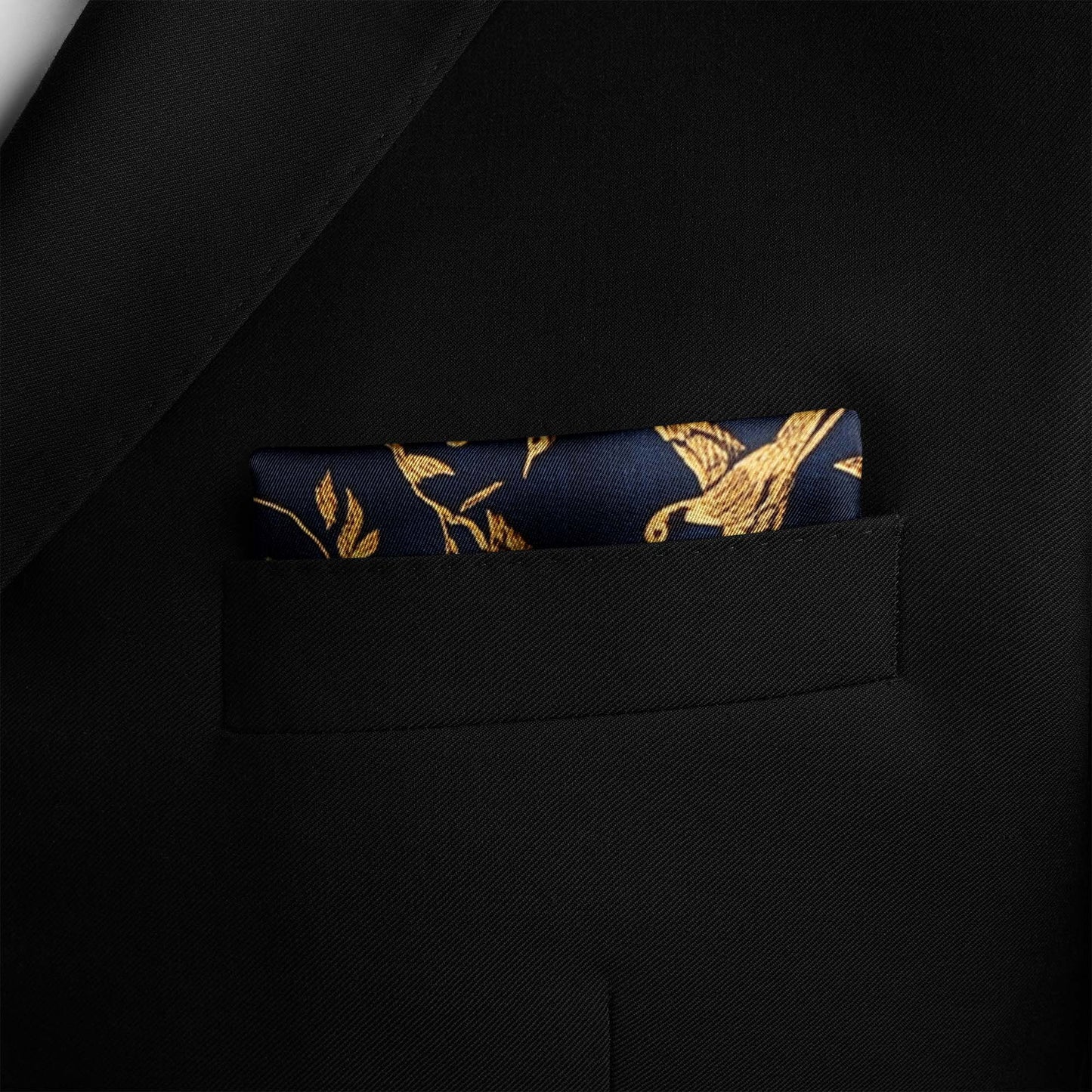 Genuine Silk Midnight and Gold Bird Flight Pocket Square