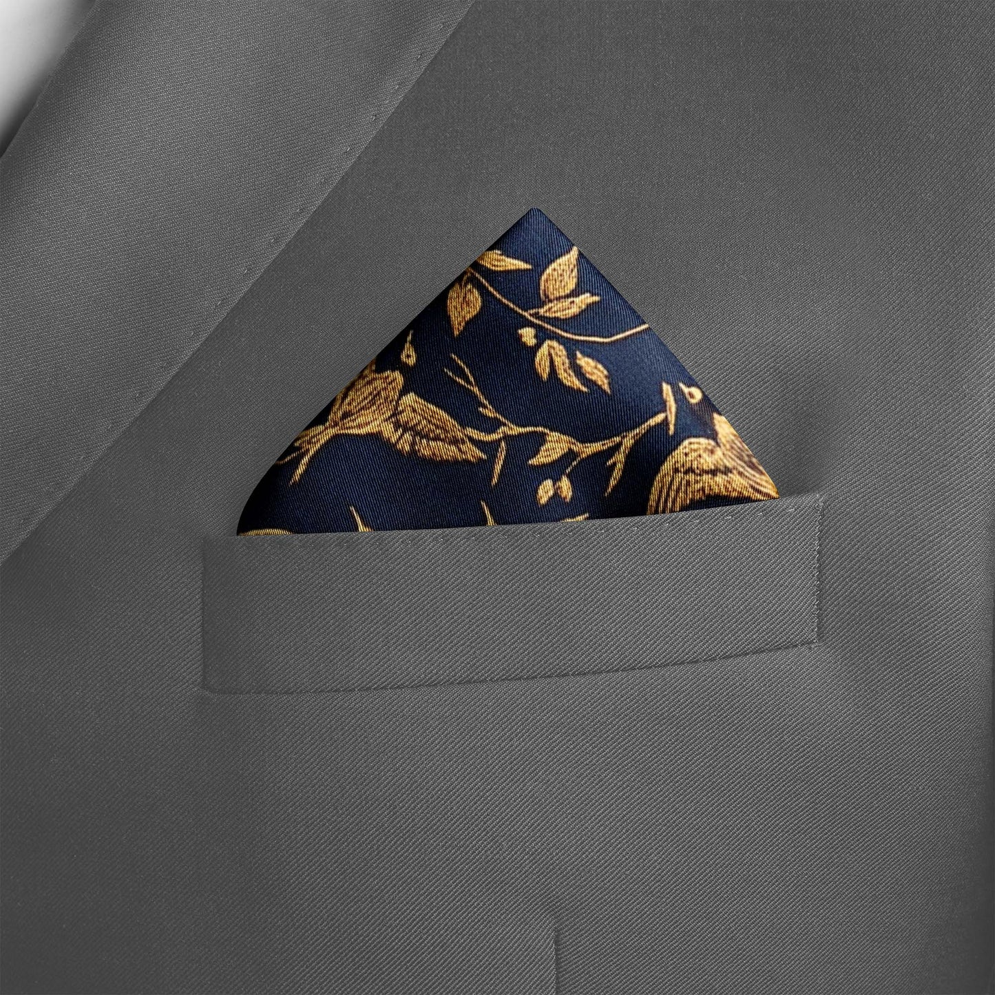 Genuine Silk Midnight and Gold Bird Flight Pocket Square