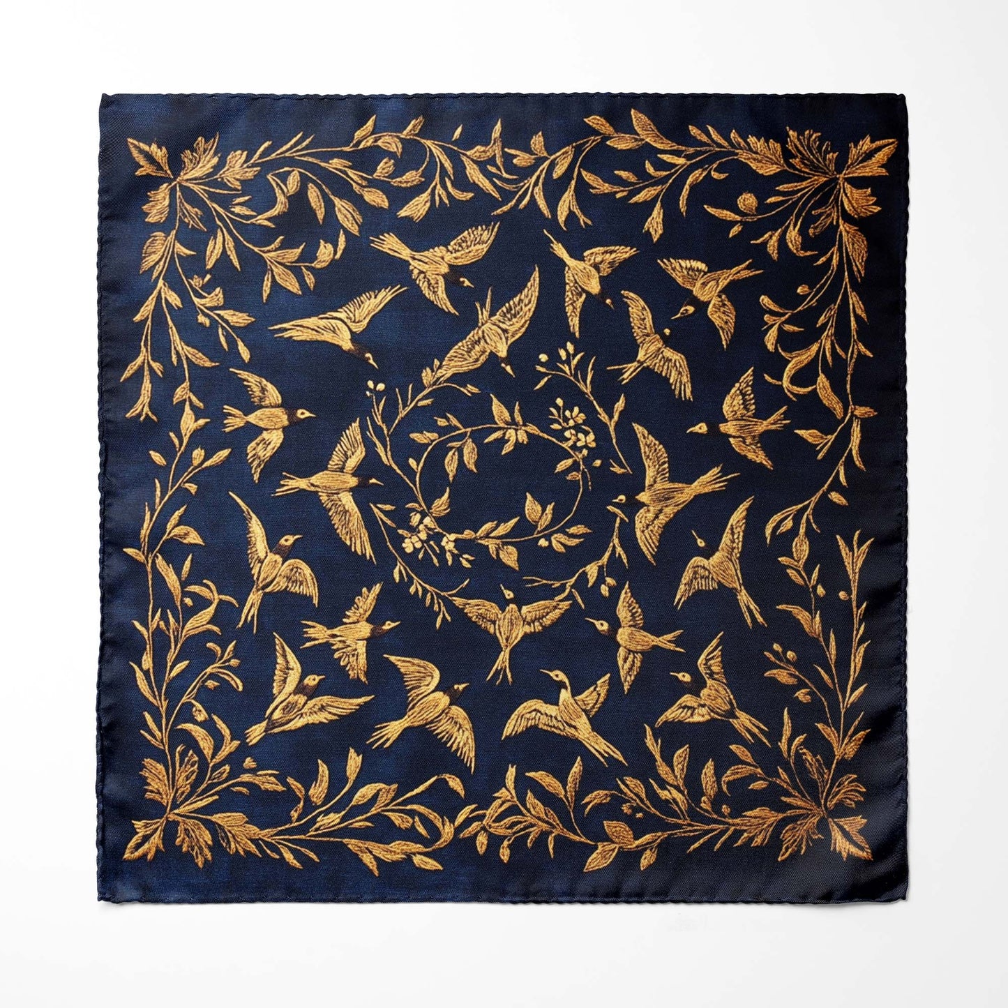 Genuine Silk Midnight and Gold Bird Flight Pocket Square