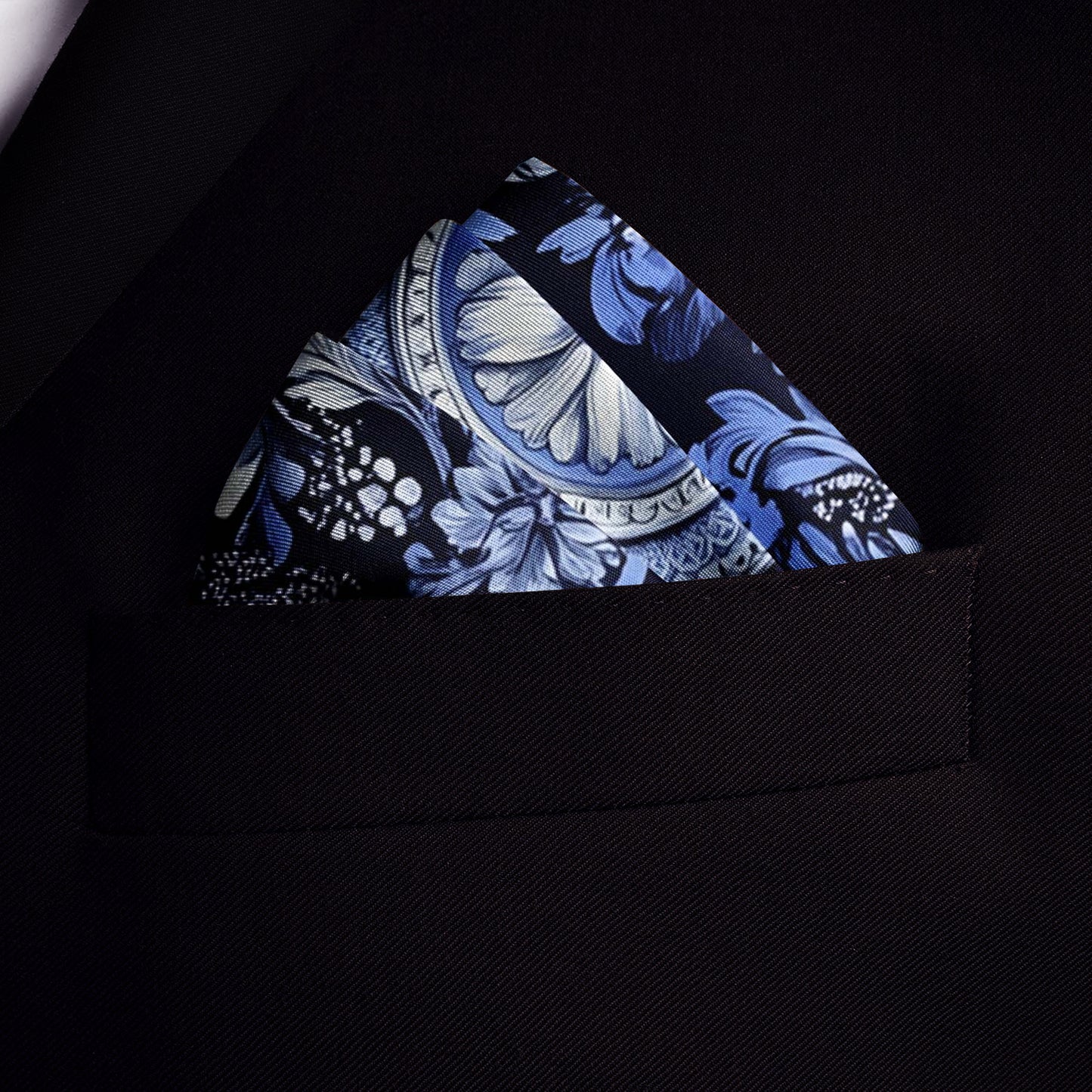 Genuine Silk Navy Delft Blossom Medallion Pocket Square