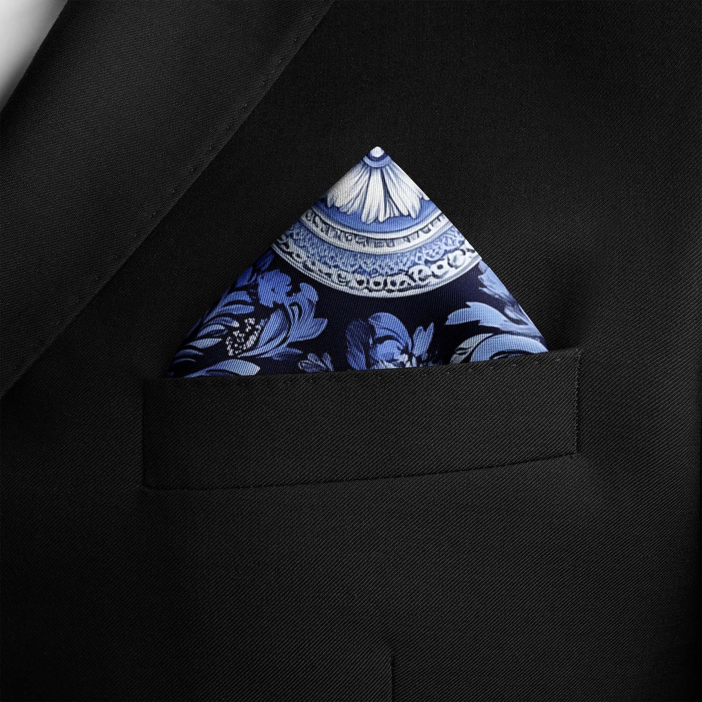 Genuine Silk Navy Delft Blossom Medallion Pocket Square