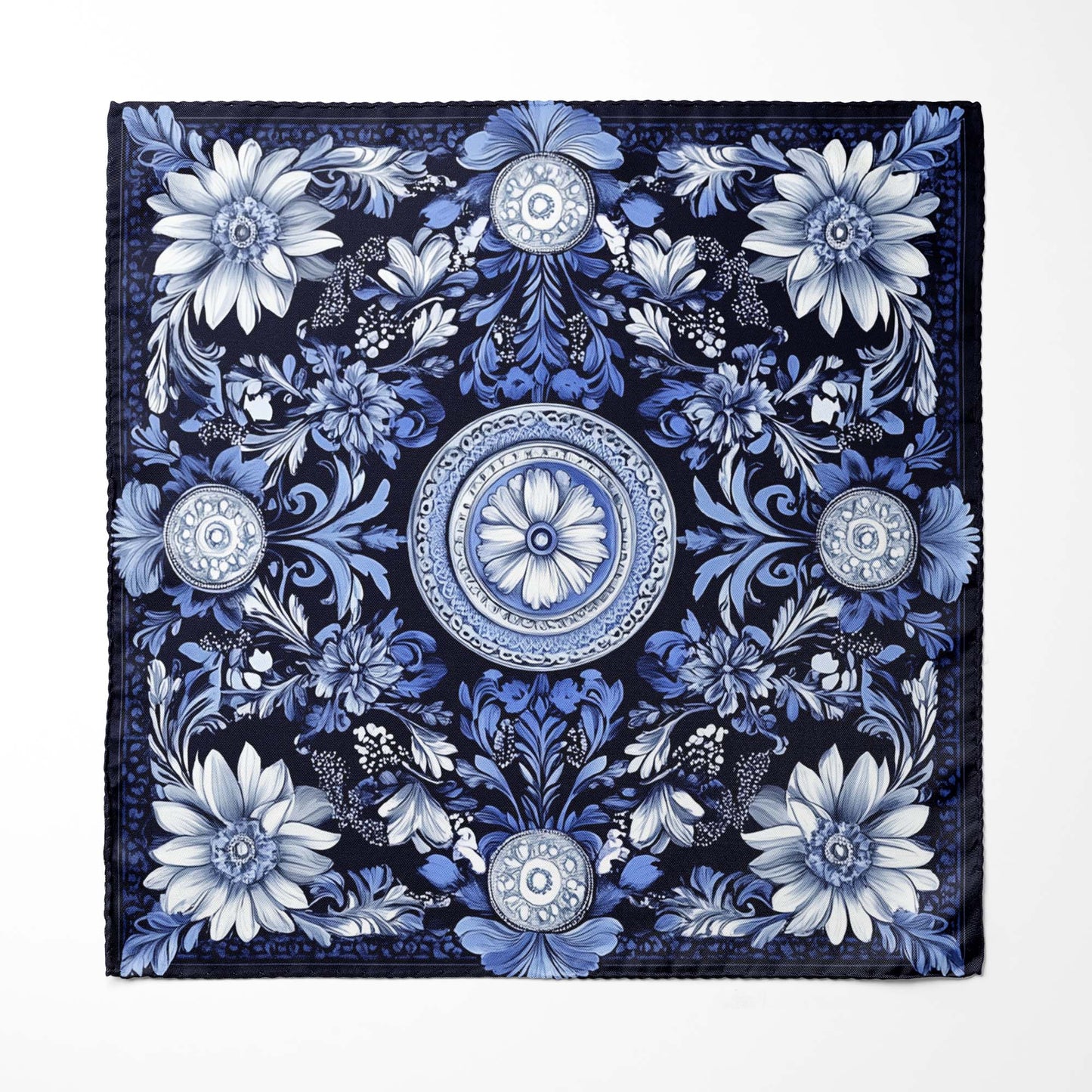 Genuine Silk Navy Delft Blossom Medallion Pocket Square