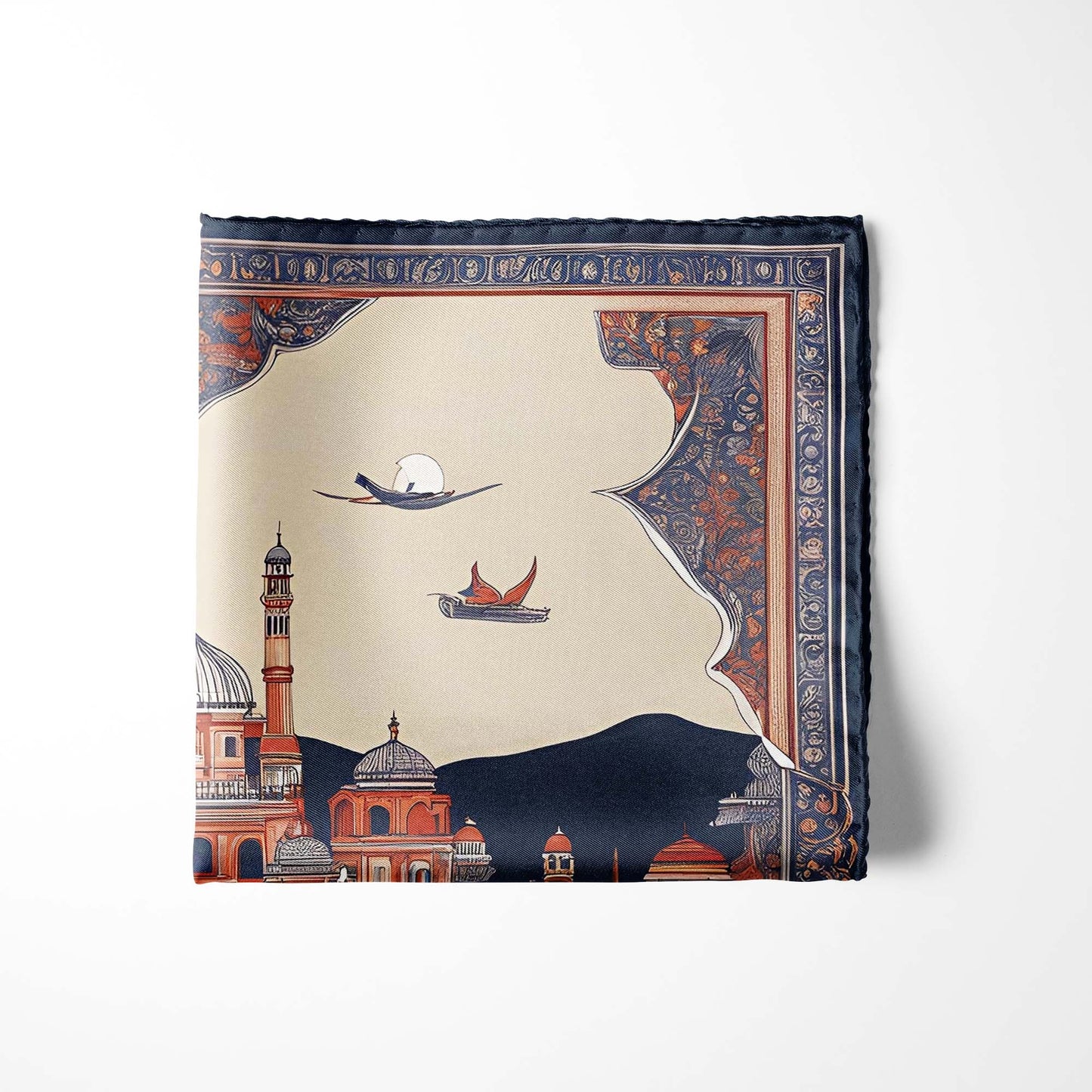 Genuine Silk Navy Terracotta Mughal Palace Pocket Square