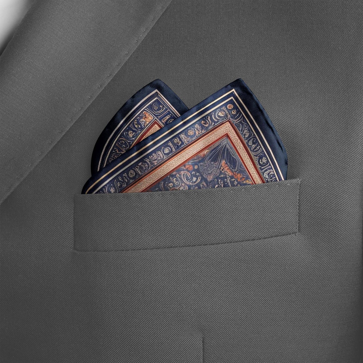 Genuine Silk Navy Terracotta Mughal Palace Pocket Square