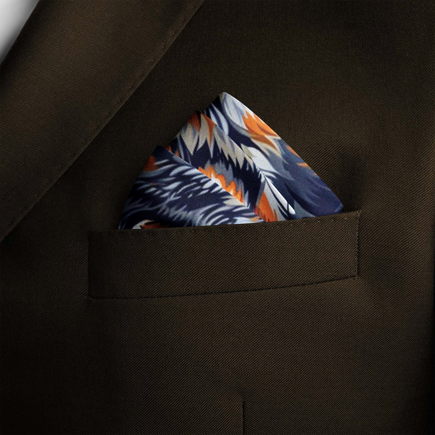 Genuine Silk Navy Wolves Autumn Fire Pocket Square