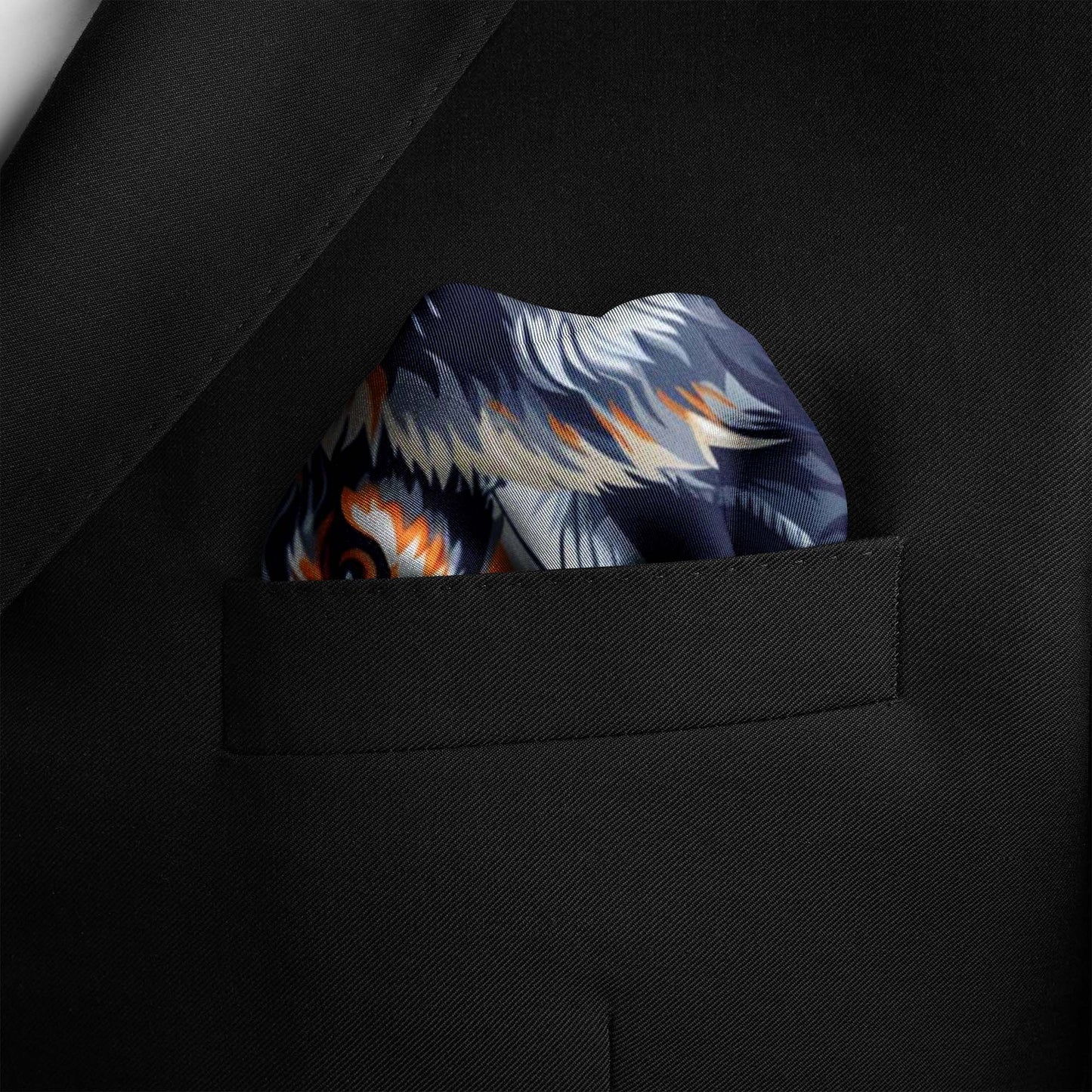 Genuine Silk Navy Wolves Autumn Fire Pocket Square