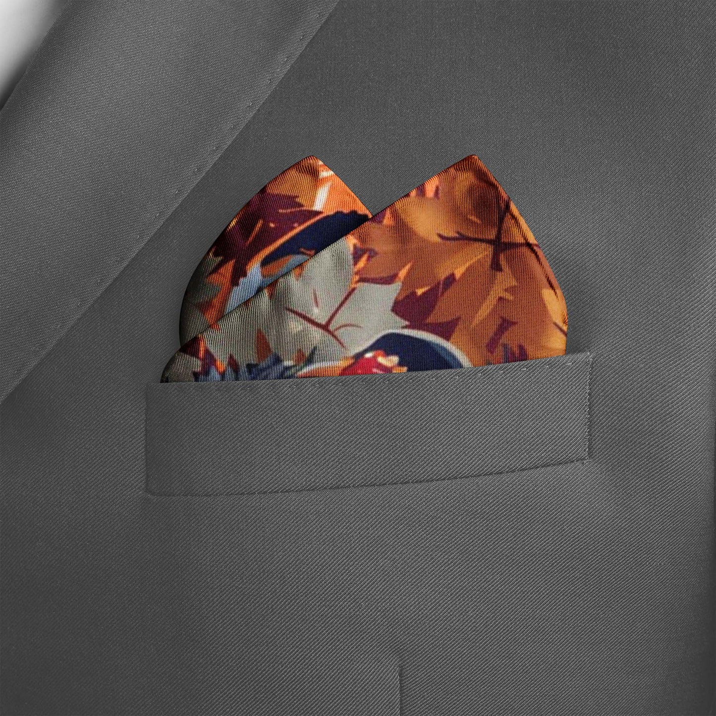 Genuine Silk Navy Wolves Autumn Fire Pocket Square