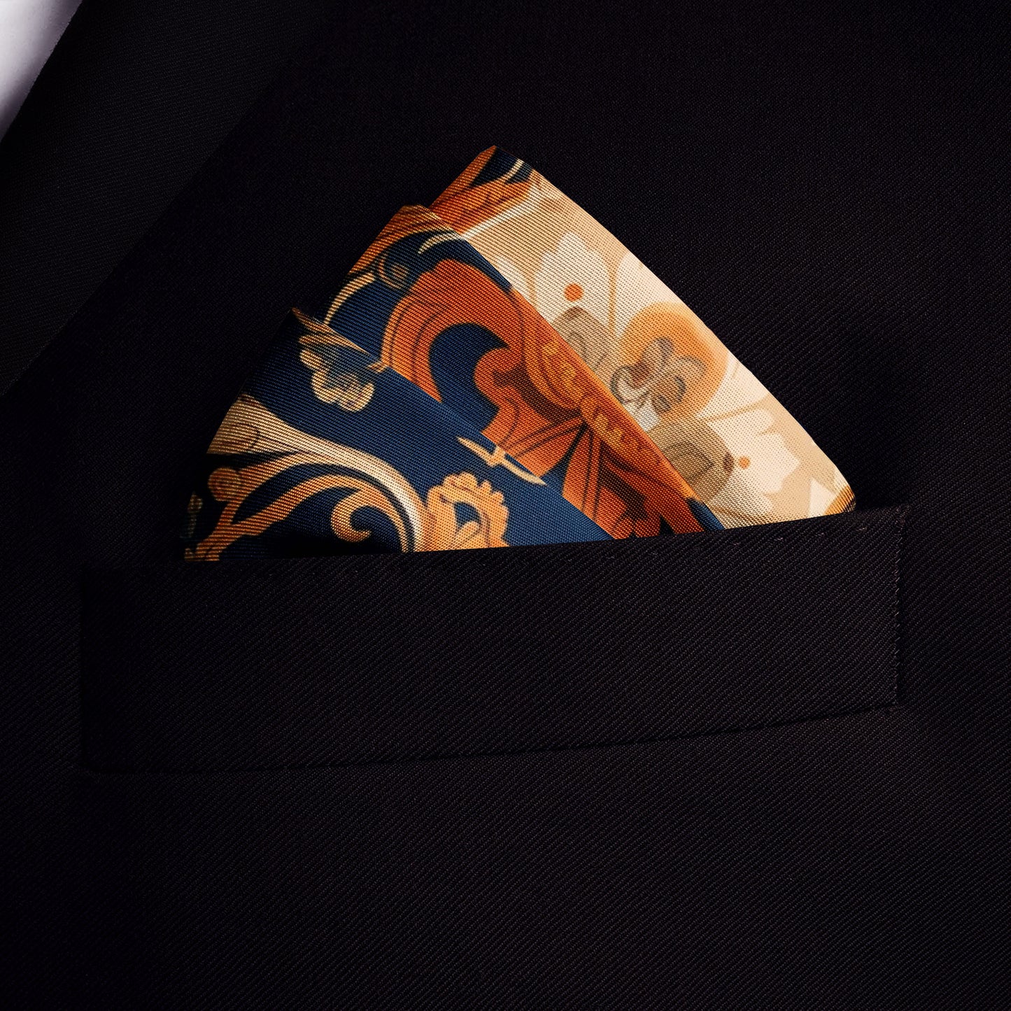 Genuine Silk Navy and Burnt Orange Laurel Crest Pocket Square