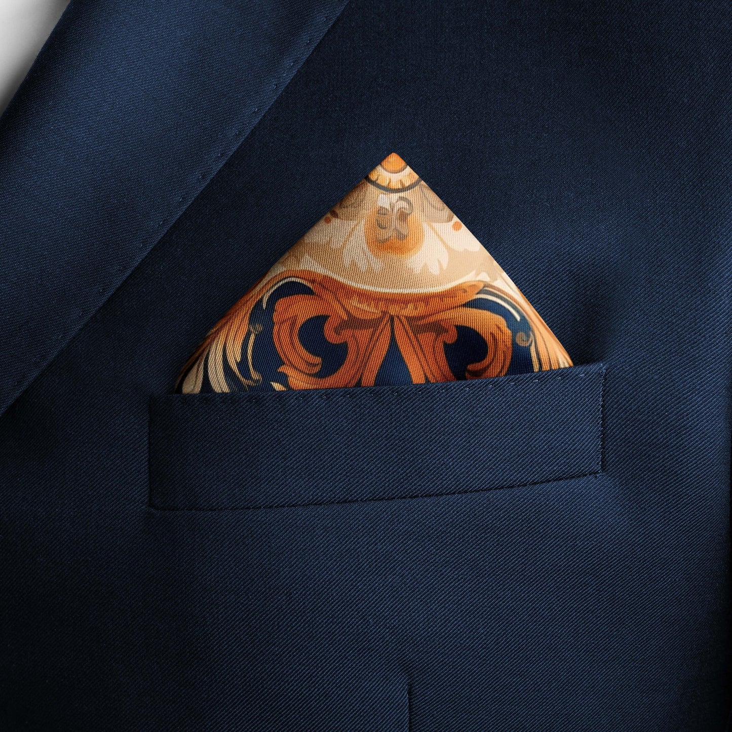 Genuine Silk Navy and Burnt Orange Laurel Crest Pocket Square