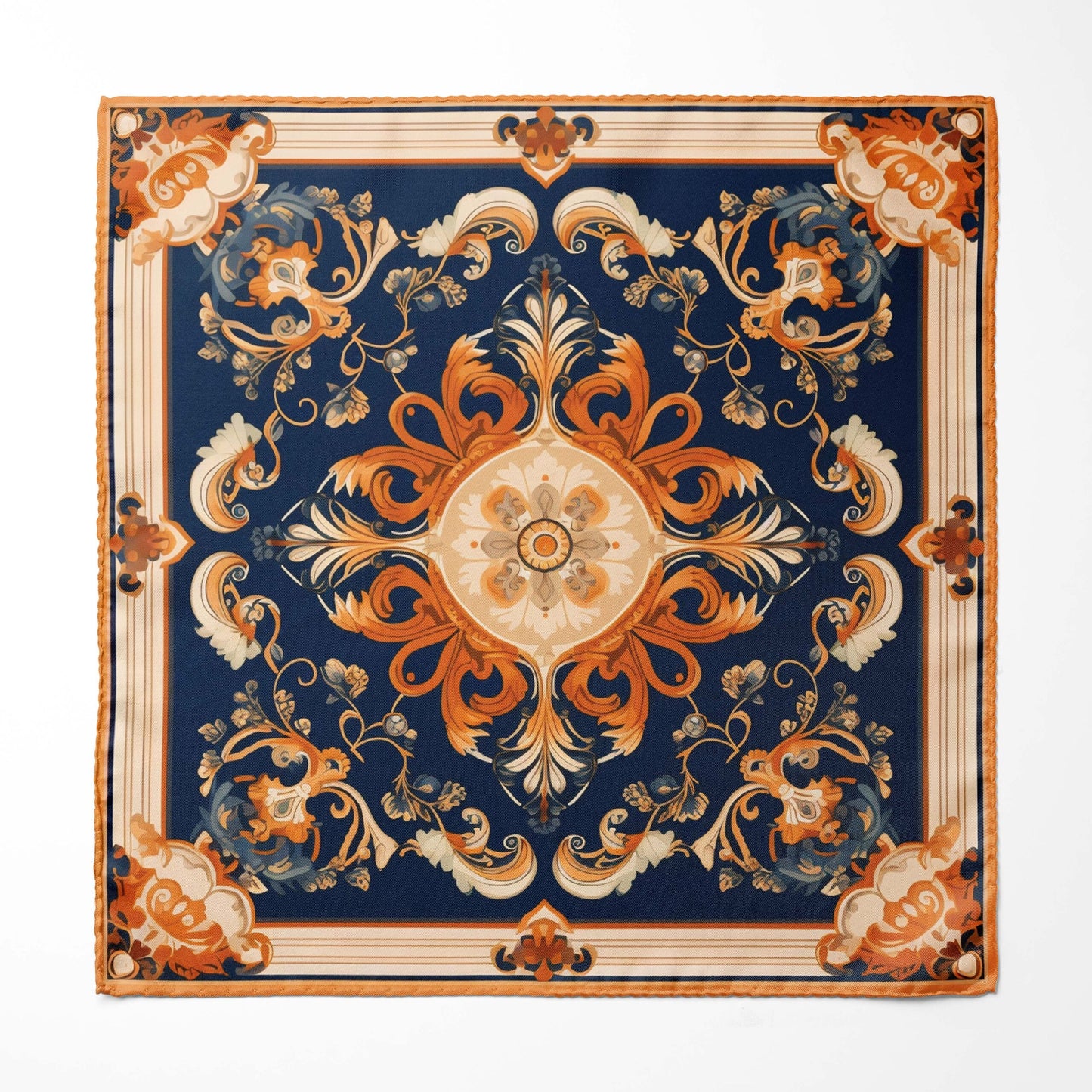 Genuine Silk Navy and Burnt Orange Laurel Crest Pocket Square