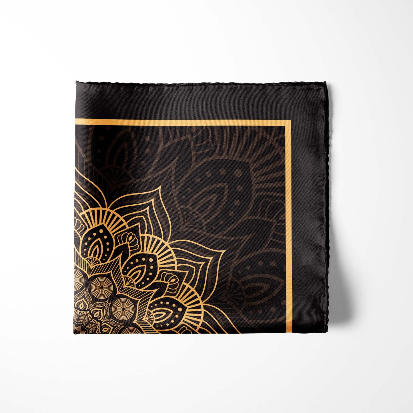 Genuine Silk Onyx Bloom and Gold Mandala Pocket Square