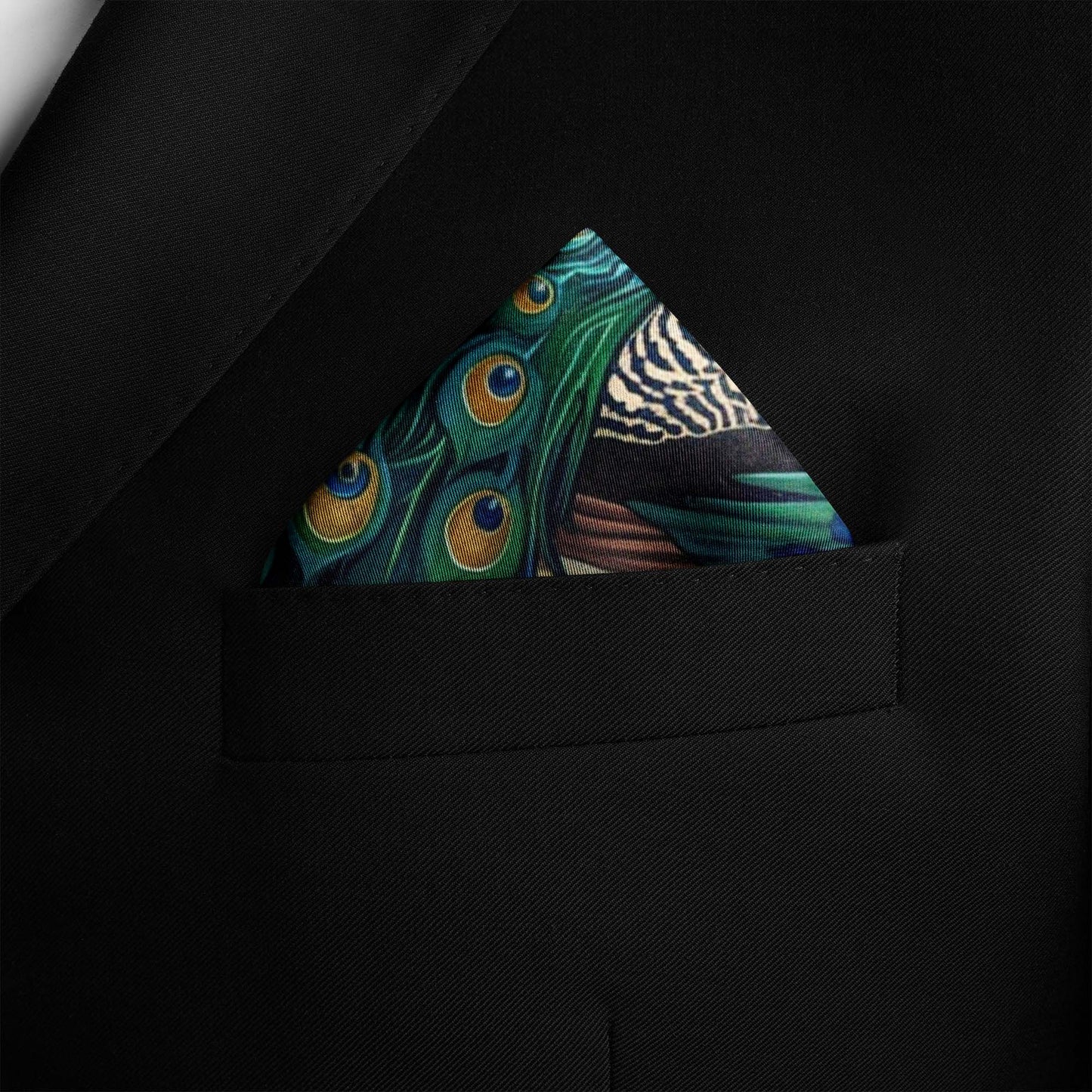 Genuine Silk Peacock and Gold Art Nouveau Pocket Square