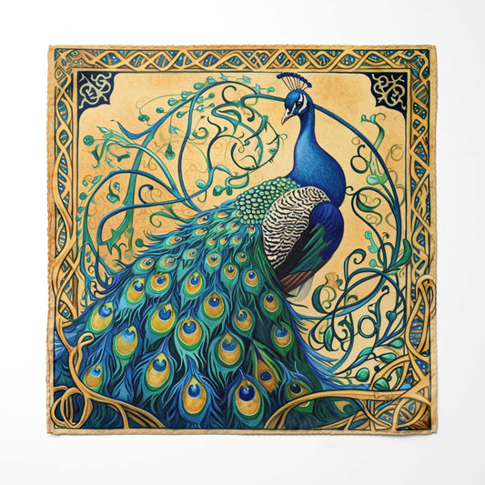 Genuine Silk Peacock and Gold Art Nouveau Pocket Square