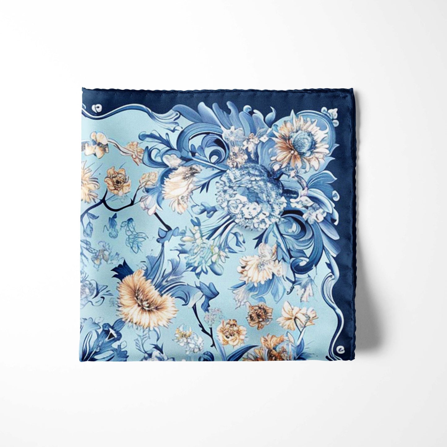 Genuine Silk Powder Blue Baroque Floral Pocket Square