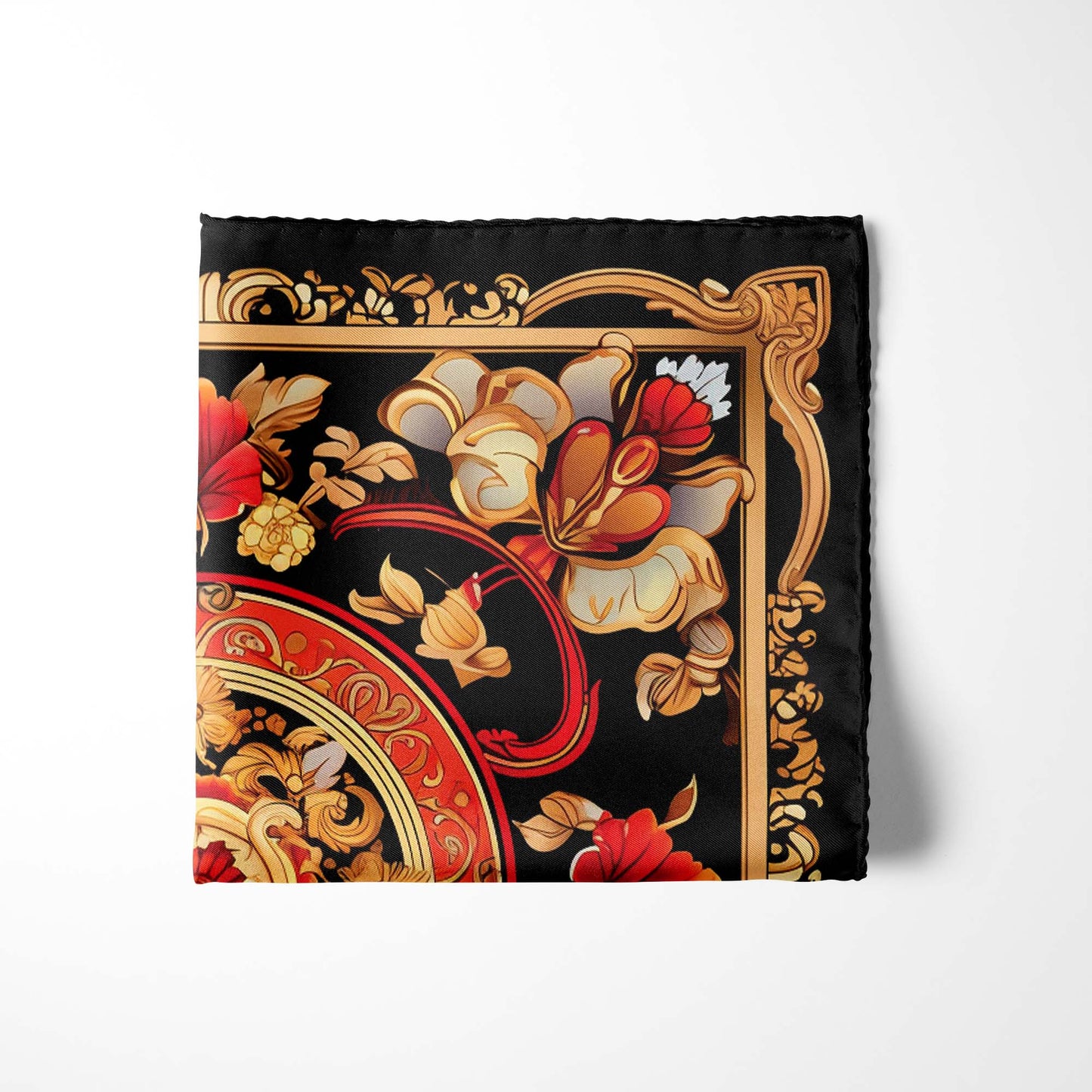 Genuine Silk Regal Red & Gold Baroque Medallion Pocket Square