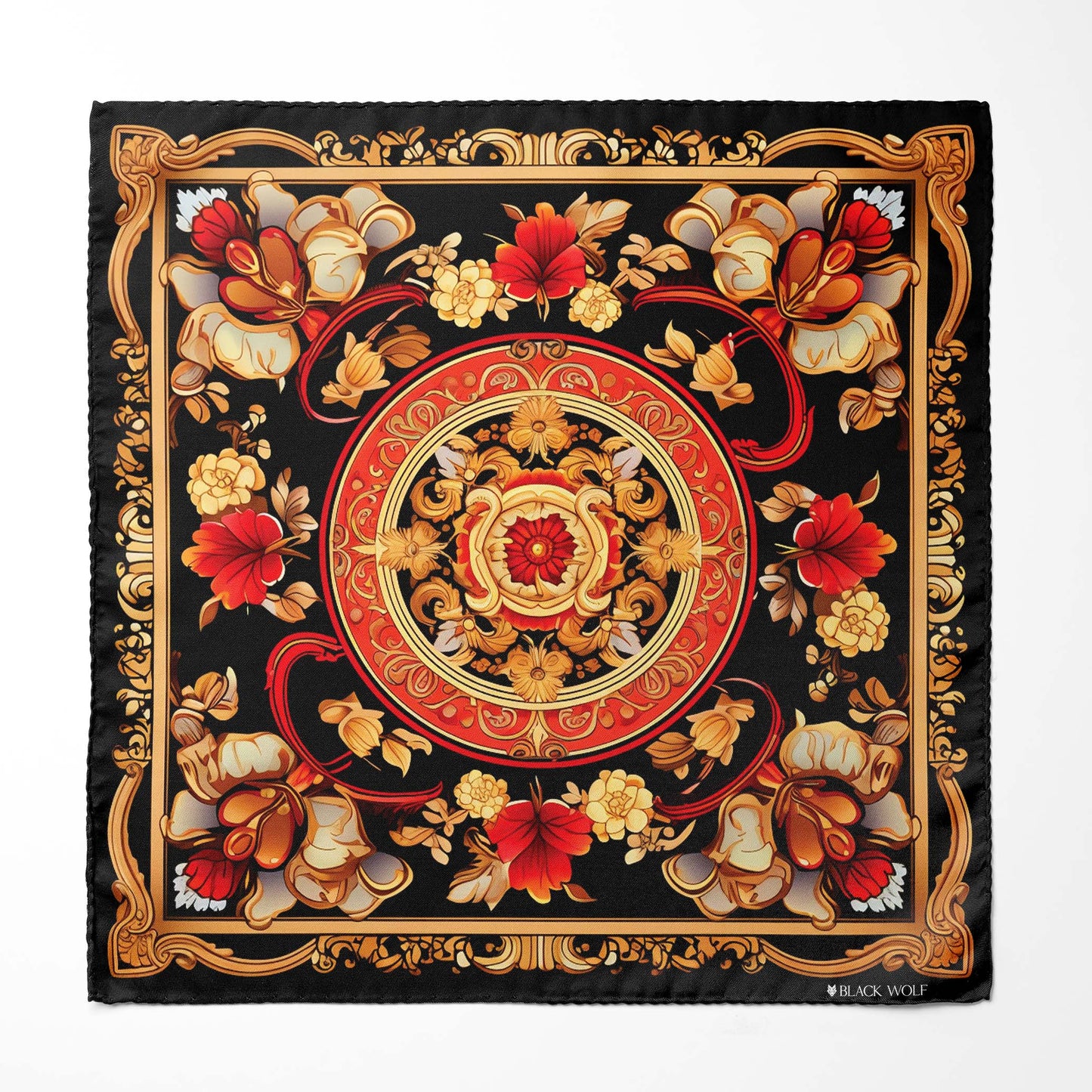 Genuine Silk Regal Red & Gold Baroque Medallion Pocket Square