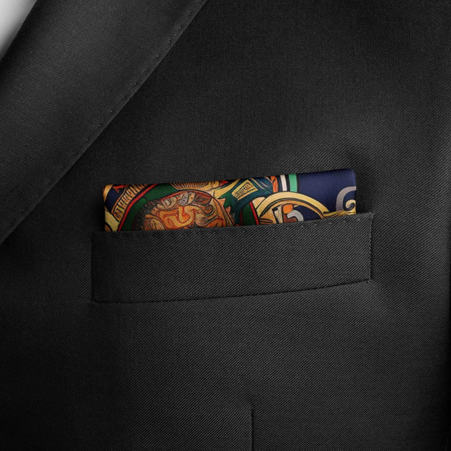 Genuine Silk Saffron, Emerald and Midnight Talisman Pocket Square