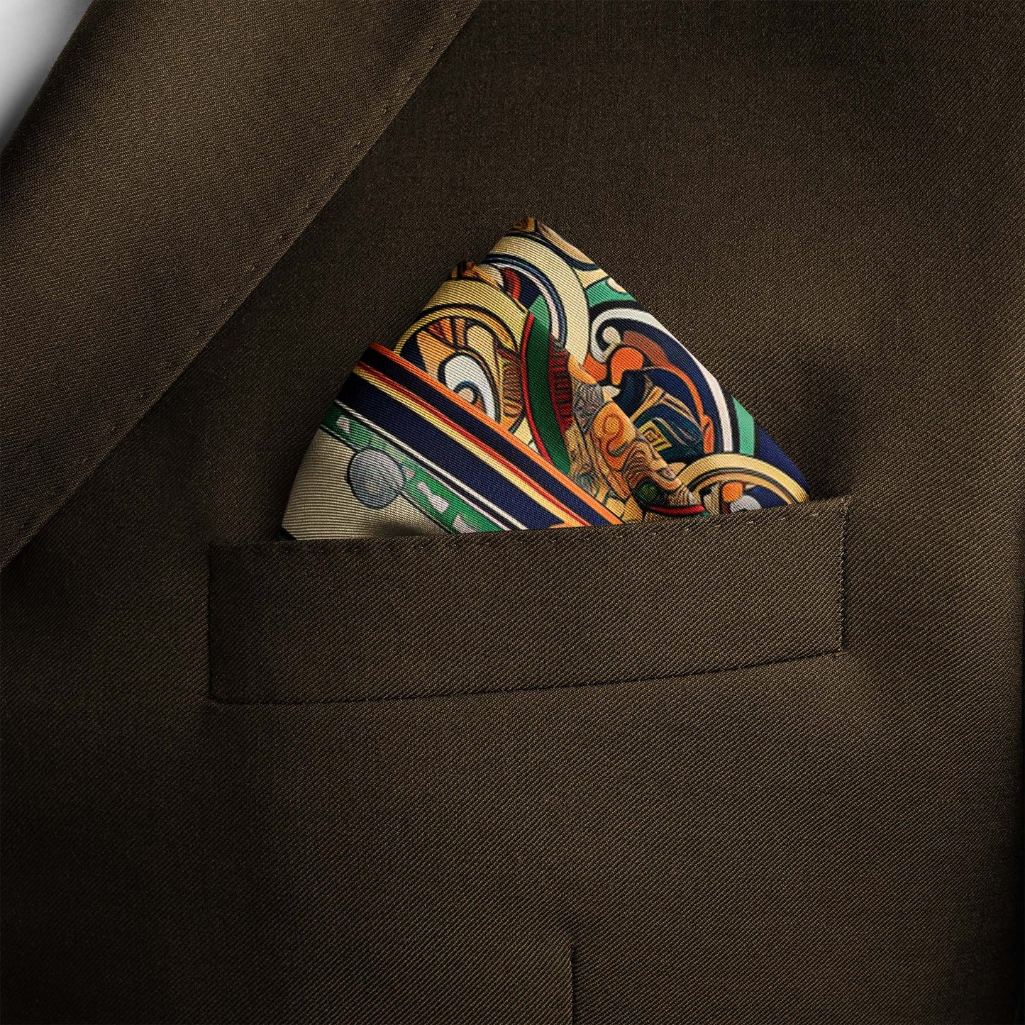 Genuine Silk Saffron, Emerald and Midnight Talisman Pocket Square