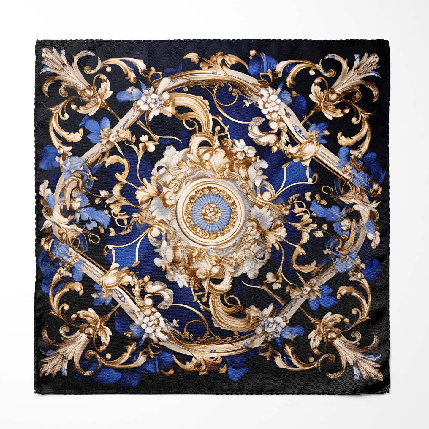 Genuine Silk Sapphire and Gold Rococo Medallion Pocket Square