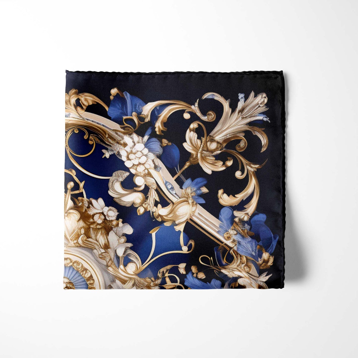 Genuine Silk Sapphire and Gold Rococo Medallion Pocket Square