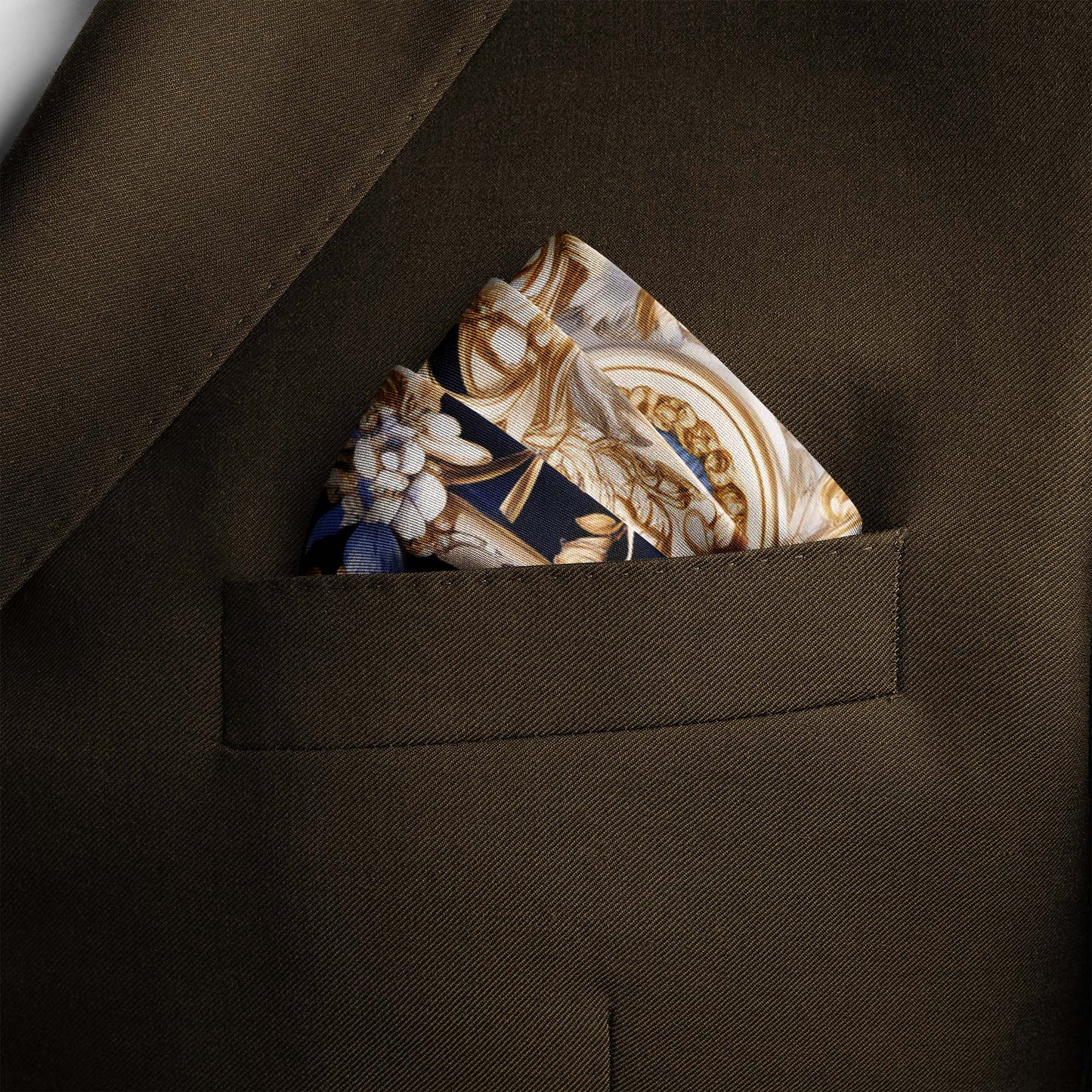 Genuine Silk Sapphire and Gold Rococo Medallion Pocket Square