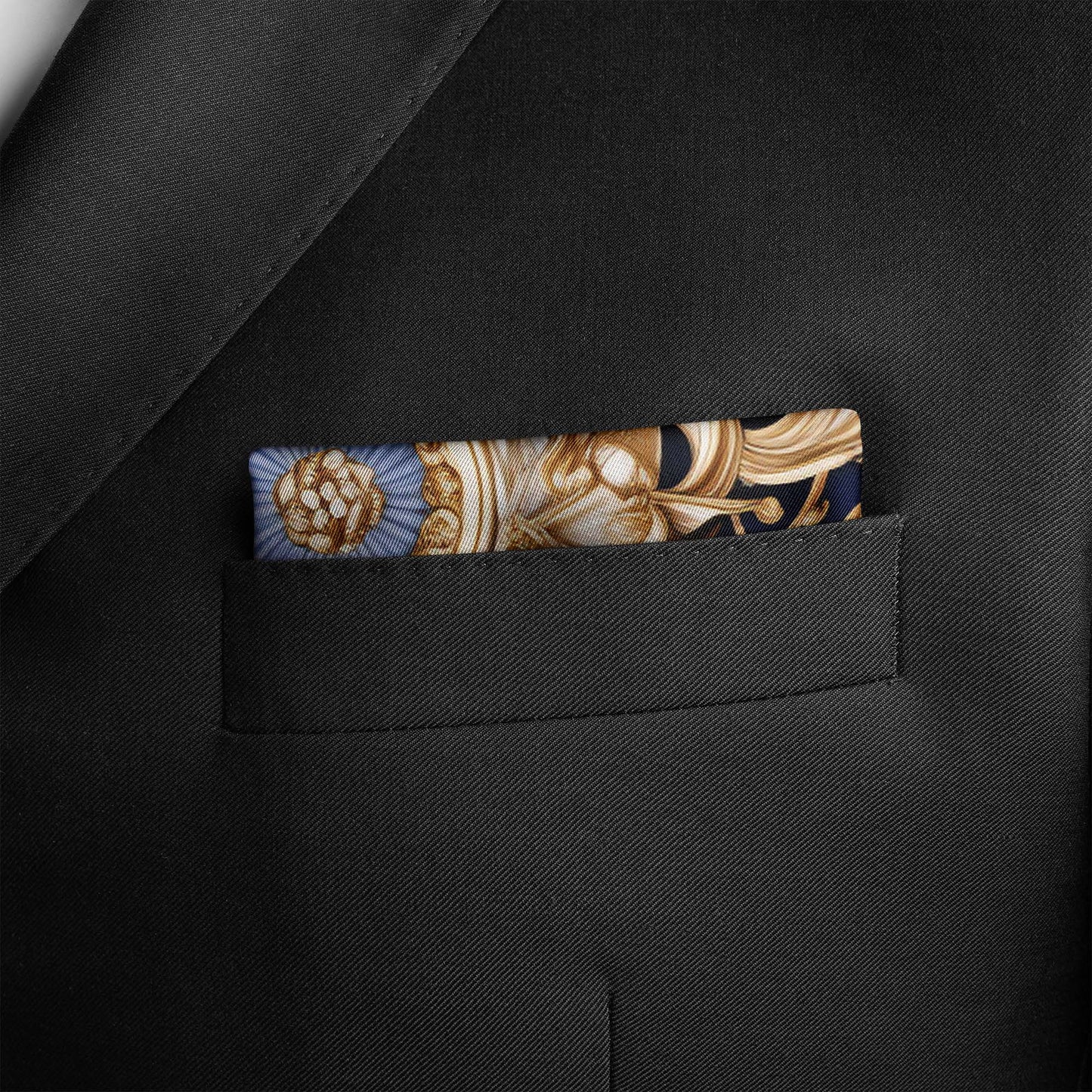 Genuine Silk Sapphire and Gold Rococo Medallion Pocket Square