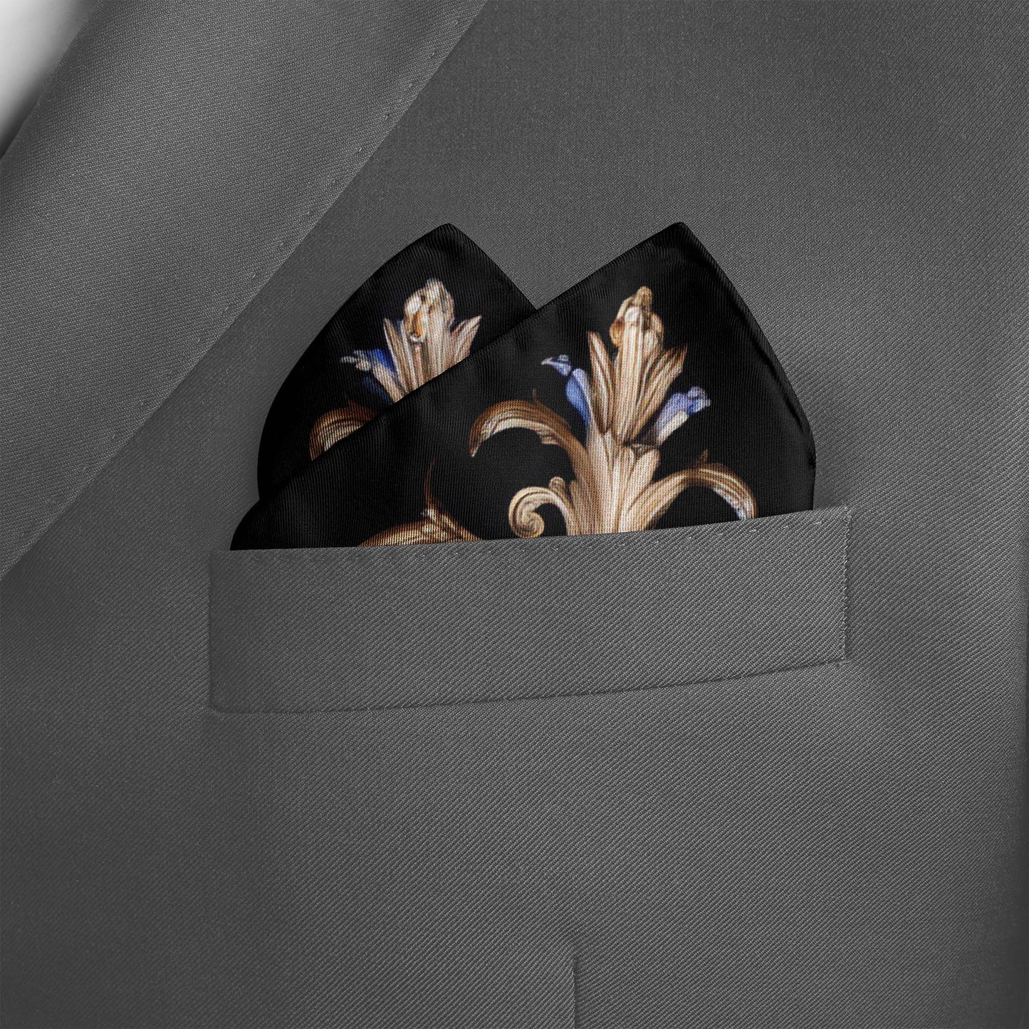 Genuine Silk Sapphire and Gold Rococo Medallion Pocket Square
